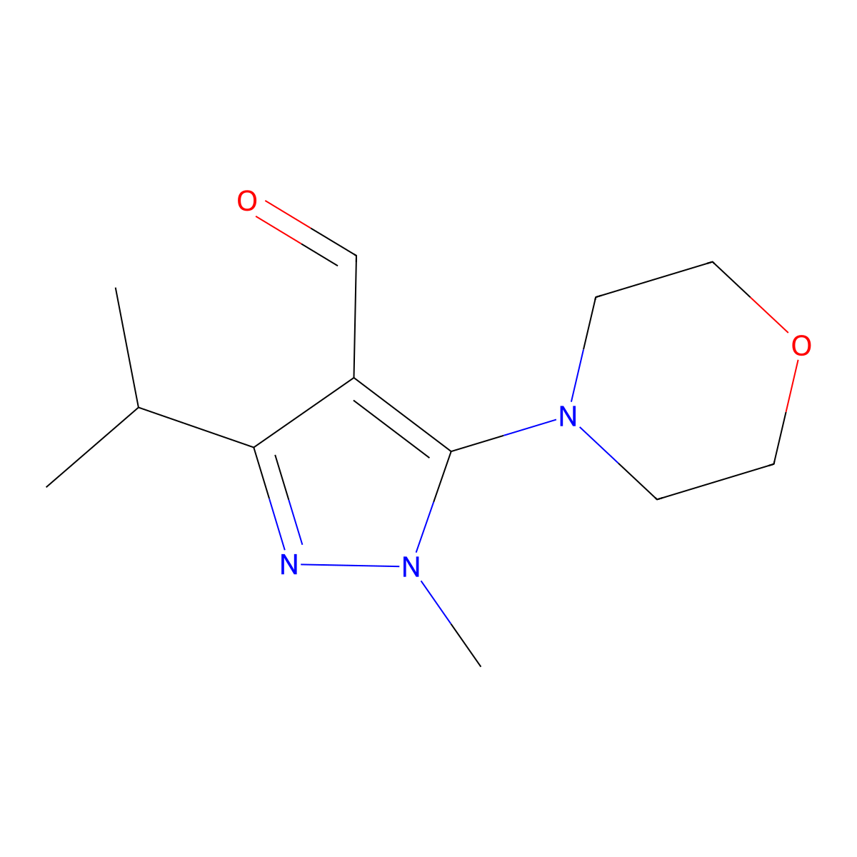 1-methyl-5-(morpholin-4-yl)-3-(propan-2-yl)-1H-pyrazole-4-carbaldehyde molecular structure, CAS 1258650-64-4