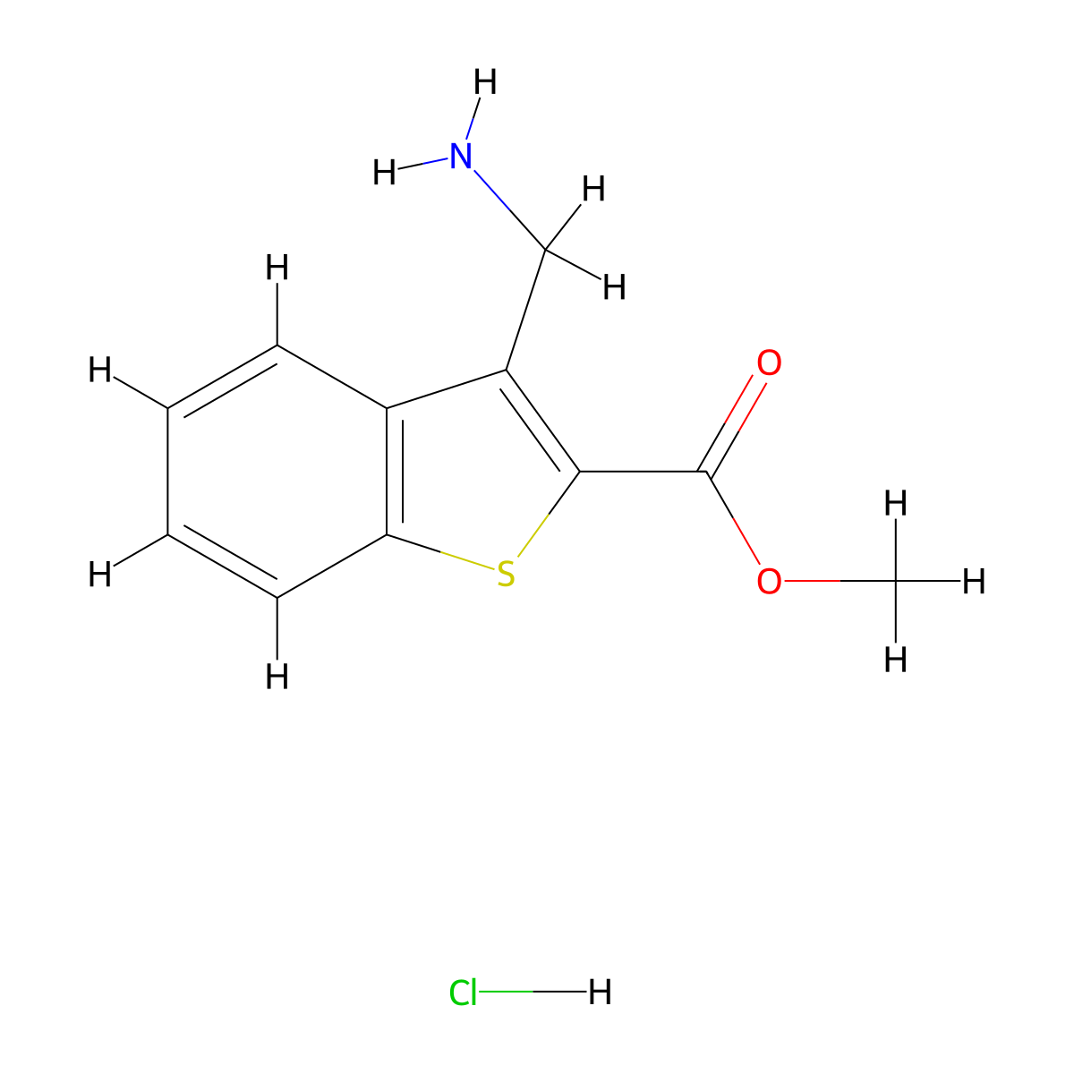 Methyl 3-(aminomethyl)-1-benzothiophene-2-carboxylate hydrochloride molecular structure, CAS 1258650-71-3