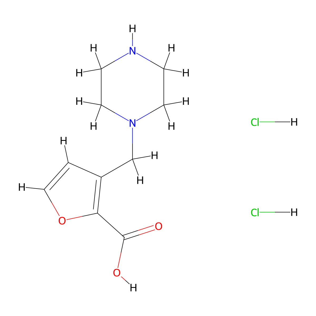 3-(Piperazin-1-ylmethyl)furan-2-carboxylic acid dihydrochloride molecular structure, CAS 1258650-94-0
