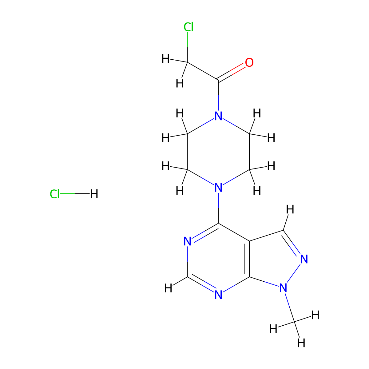 2-chloro-1-(4-(1-methyl-1H-pyrazolo(3,4-d)pyrimidin-4-yl)piperazin-1-yl)ethan-1-one hydrochloride molecular structure, CAS 1258651-81-8