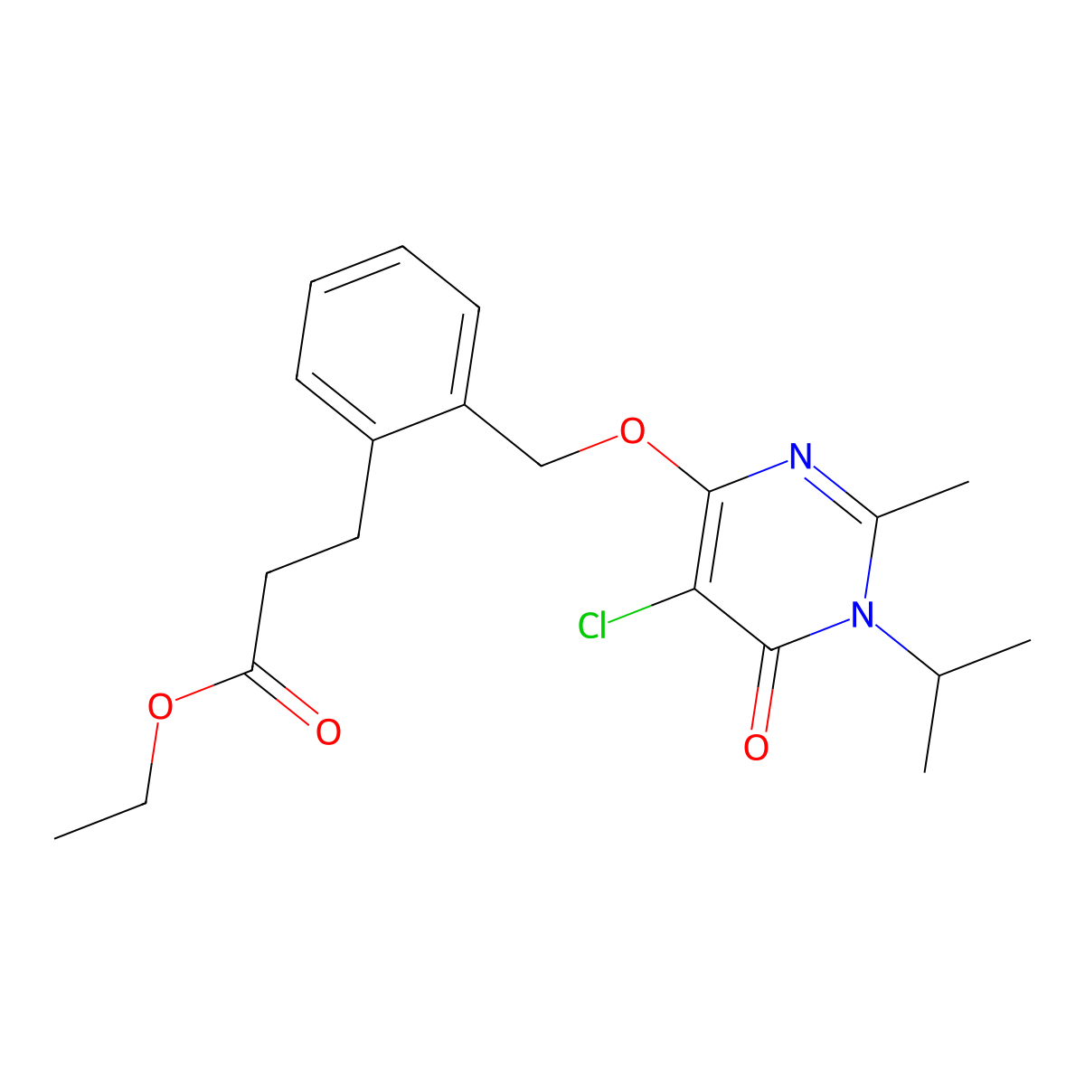 Ethyl 3-(2-((5-chloro-1,6-dihydro-1-isopropyl-2-methyl-6-oxopyrimidin-4-yloxy)methyl)phenyl)propanoate molecular structure, CAS 1258652-72-0