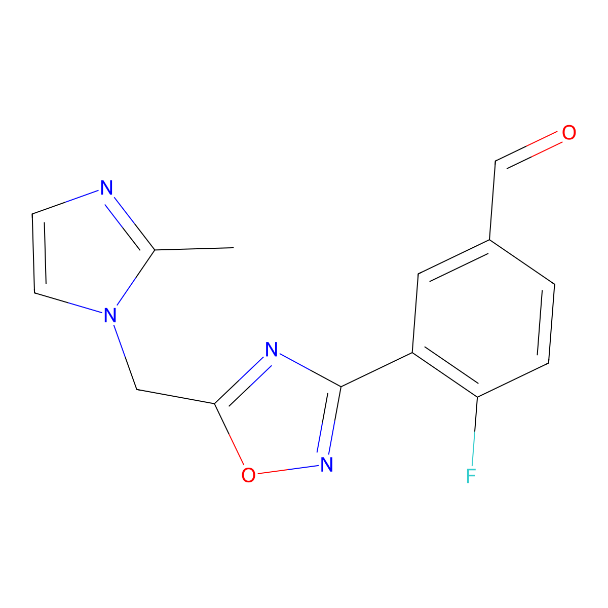 4-fluoro-3-(5-((2-methyl-1H-imidazol-1-yl)methyl)-1,2,4-oxadiazol-3-yl)benzaldehyde molecular structure, CAS 1258652-78-6