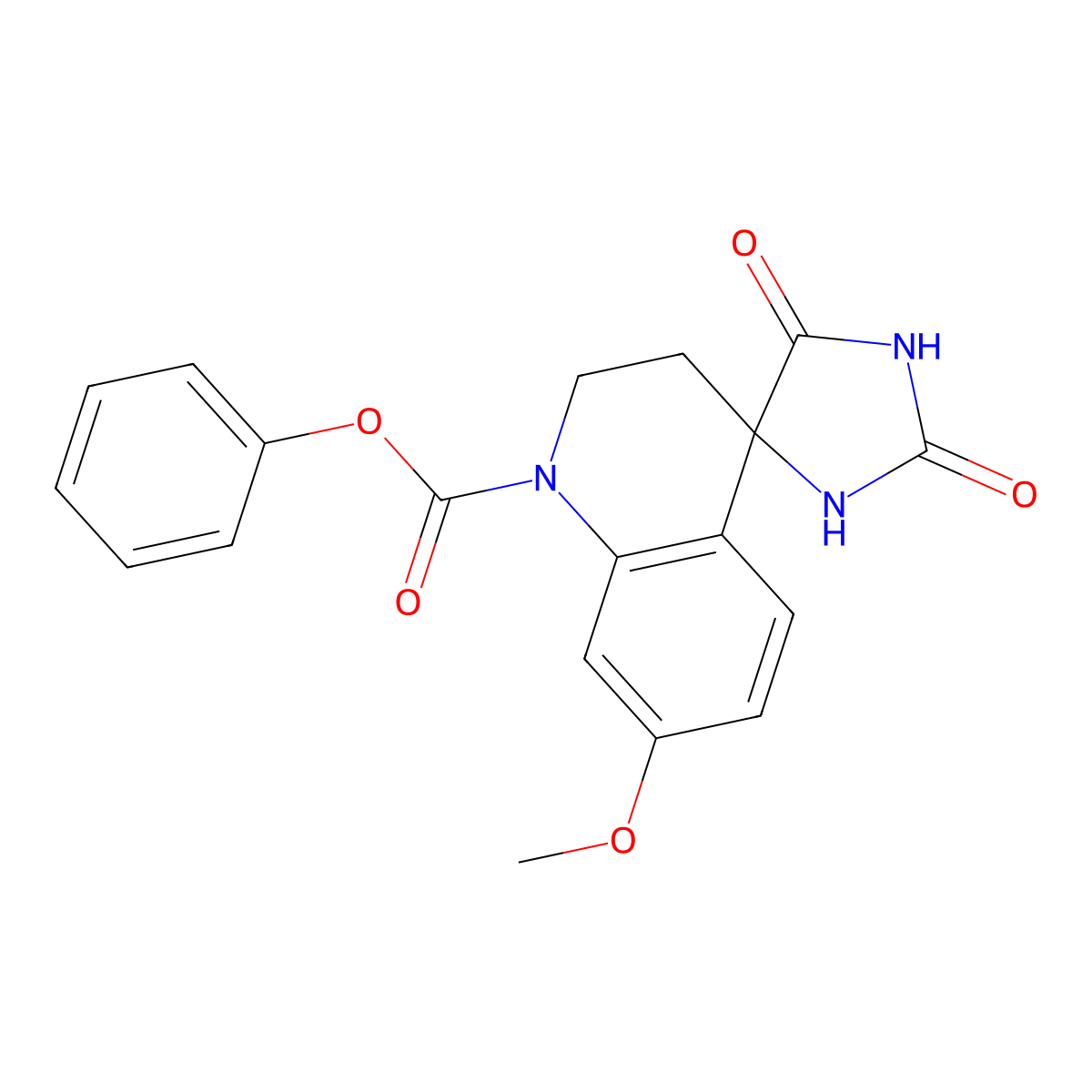 Phenyl-7-methoxy-2',5'-dioxospiro[2,3-dihydroquinoline-4,4'-imidazolidine]-1-carboxylate molecular structure, CAS 1258652-79-7