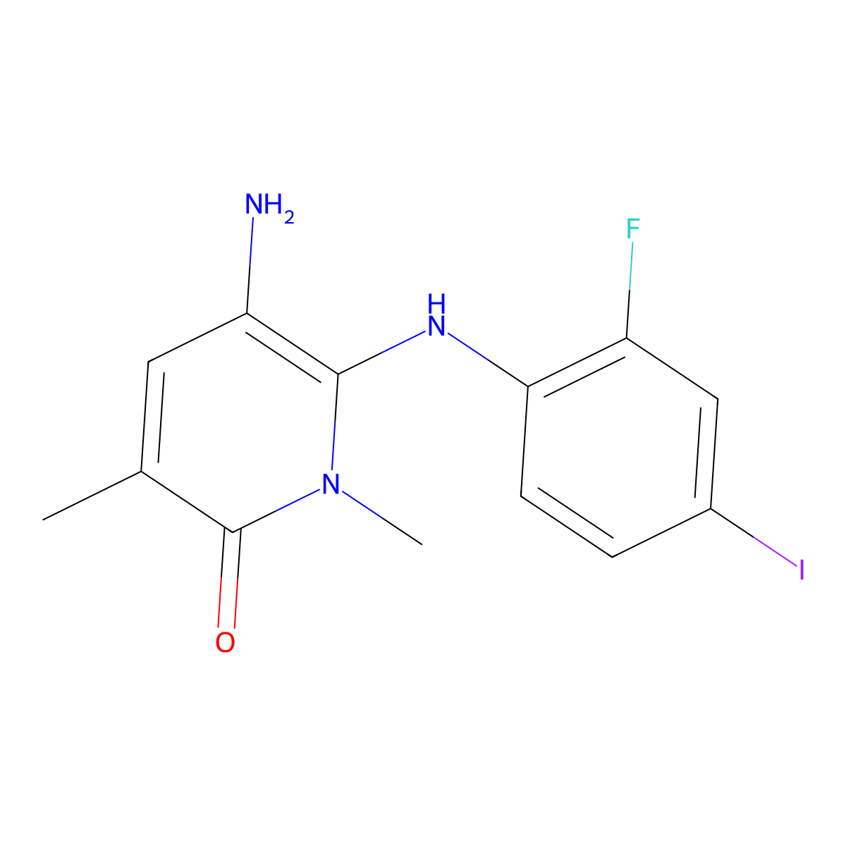 5-amino-6-((2-fluoro-4-iodophenyl)amino)-1,3-dimethylpyridin-2(1H)-one molecular structure, CAS 1258884-12-6