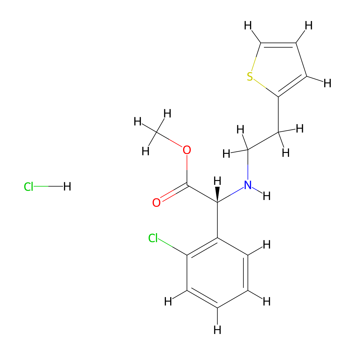 Methyl (R)-2-(2-chlorophenyl)-2-((2-(thiophen-2-yl)ethyl)amino)acetate hydrochloride molecular structure, CAS 1258938-54-3