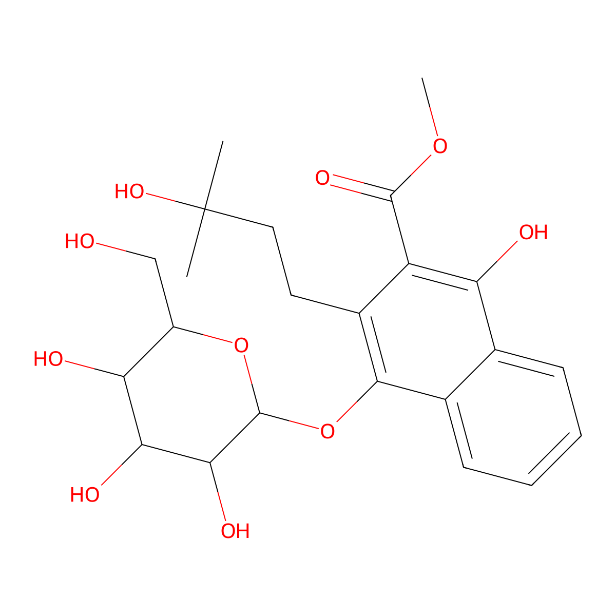 2-Naphthalenecarboxylic acid, 4-(D-glucopyranosyloxy)-1-hydroxy-3-(3-hydroxy-3-methylbutyl)-, methyl ester molecular structure, CAS 125906-48-1