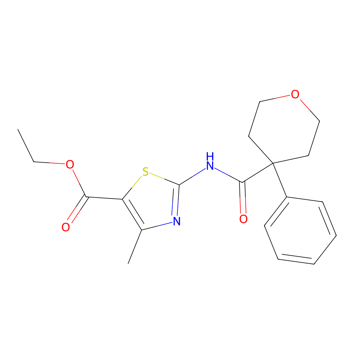 ethyl 4-methyl-2-{[(4-phenyltetrahydro-2H-pyran-4-yl)carbonyl]amino}-1,3-thiazole-5-carboxylate molecular structure, CAS 1259083-63-0