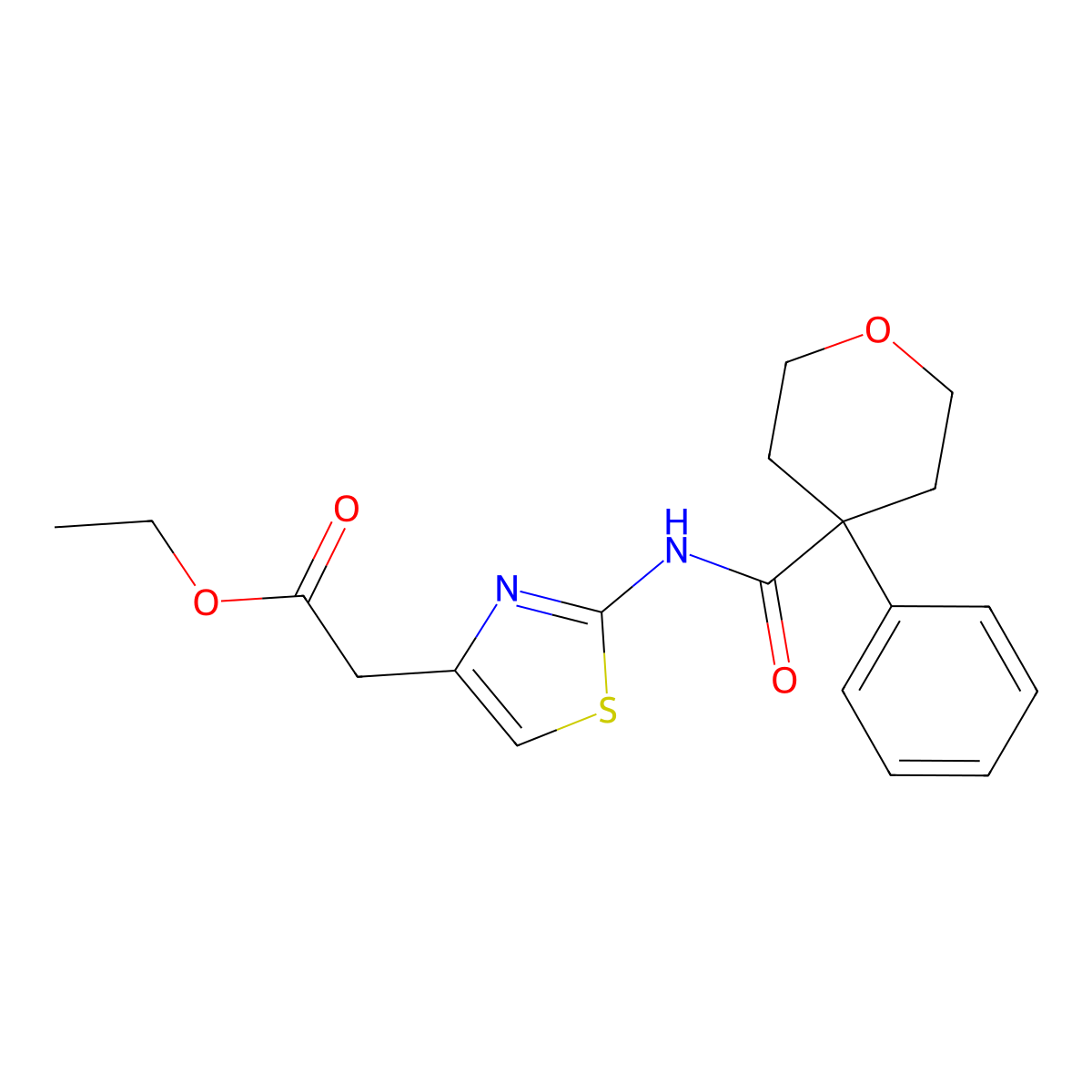 ethyl (2-{[(4-phenyltetrahydro-2H-pyran-4-yl)carbonyl]amino}-1,3-thiazol-4-yl)acetate molecular structure, CAS 1259146-56-9