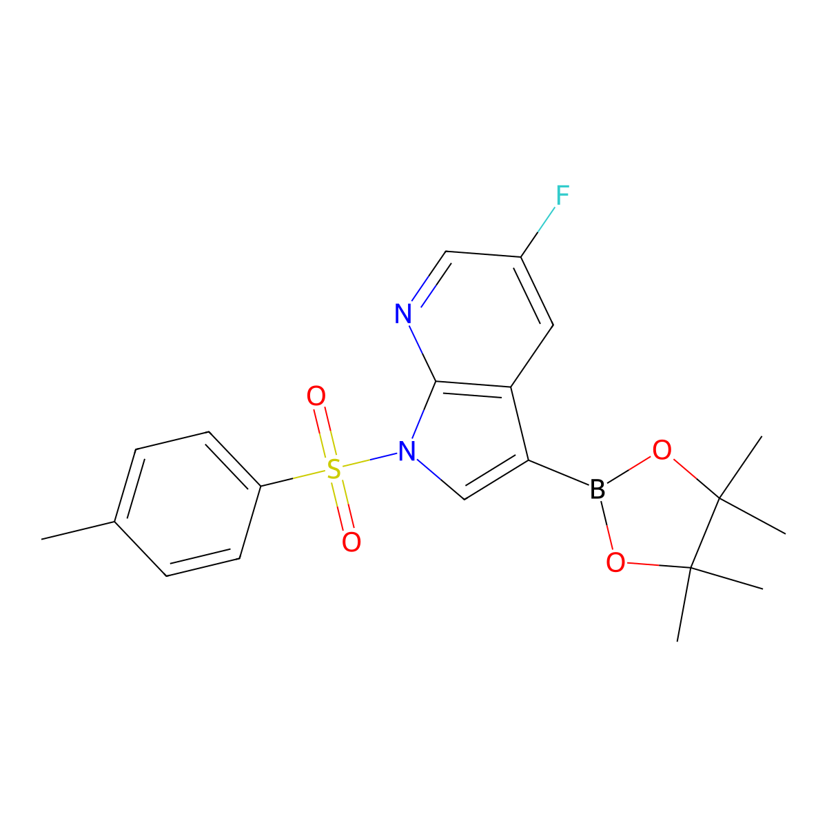 5-fluoro-1-((4-methylphenyl)sulfonyl)-3-(4,4,5,5-tetramethyl-1,3,2-dioxaborolan-2-yl)-1H-pyrrolo(2,3-b)pyridine molecular structure, CAS 1259279-57-6
