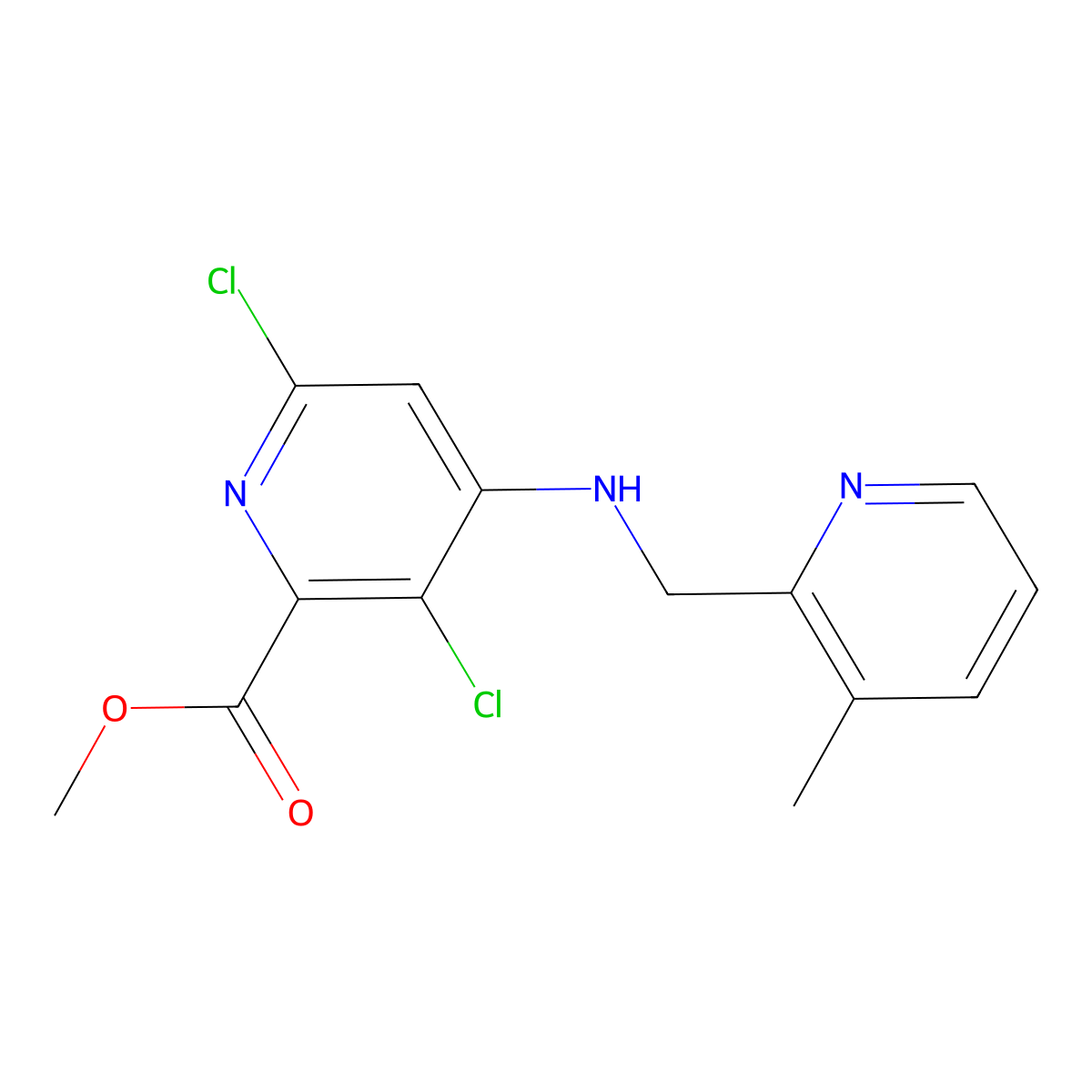 Methyl 3,6-dichloro-4-(((3-methylpyridin-2-yl)methyl)amino)picolinate molecular structure, CAS 1259329-30-0