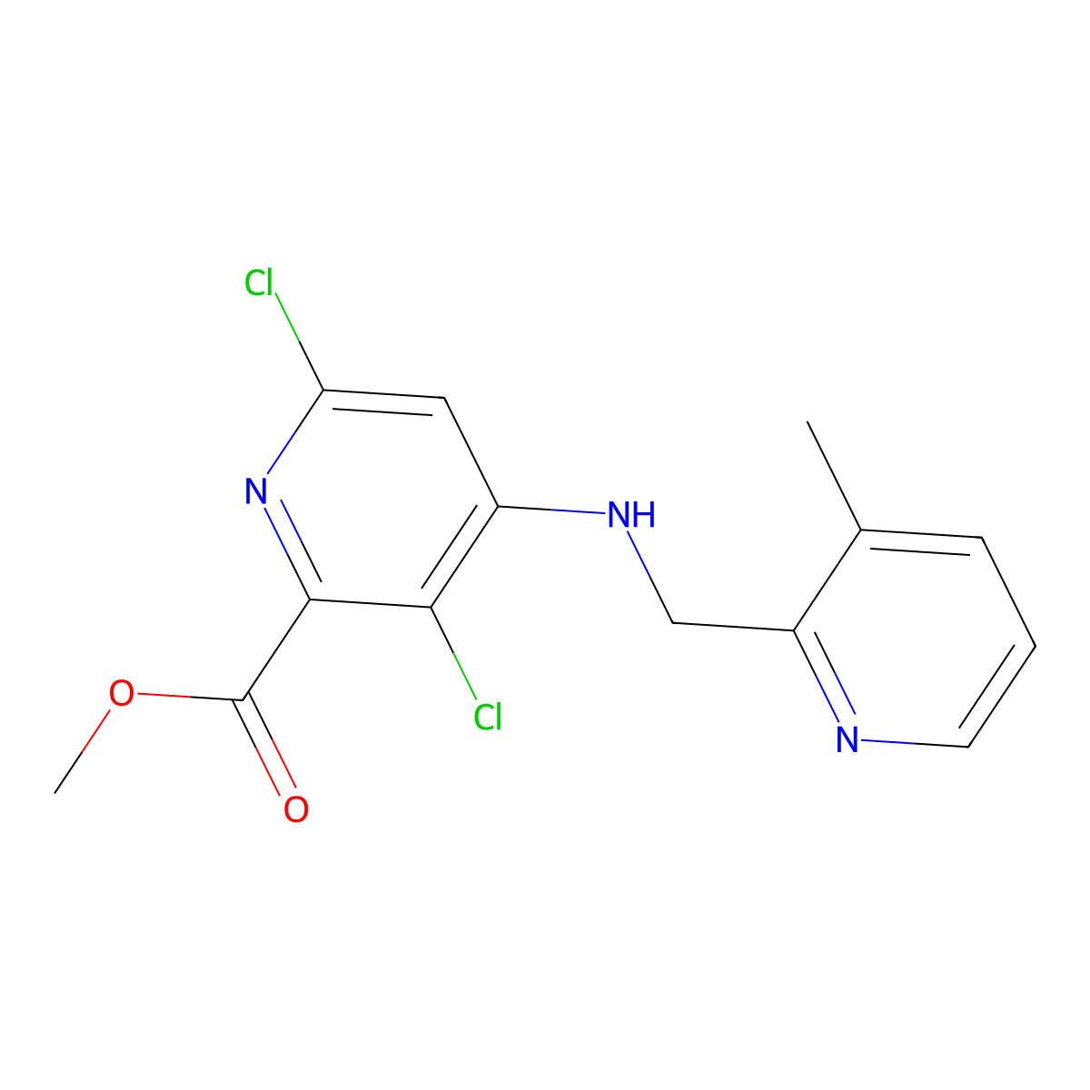 Methyl 3,6-dichloro-4-(((3-methylpyridin-2-yl)methyl)amino)picolinate molecular structure, CAS 1259329-30-0