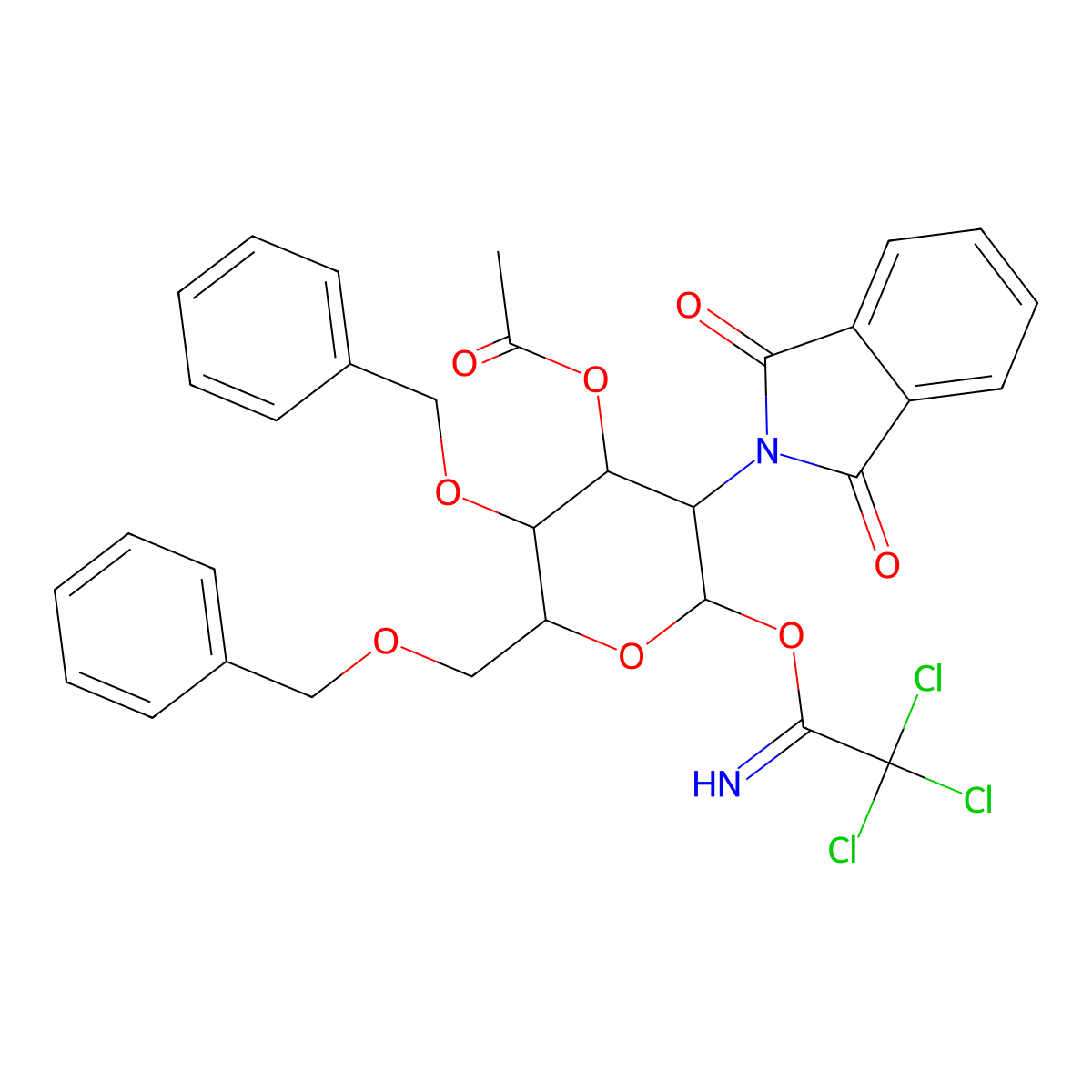 [(3S,4S,6S)-5-(1,3-dioxoisoindol-2-yl)-3-phenylmethoxy-2-(phenylmethoxymethyl)-6-(2,2,2-trichloroethanimidoyl)oxyoxan-4-yl] acetate molecular structure, CAS 125946-68-1