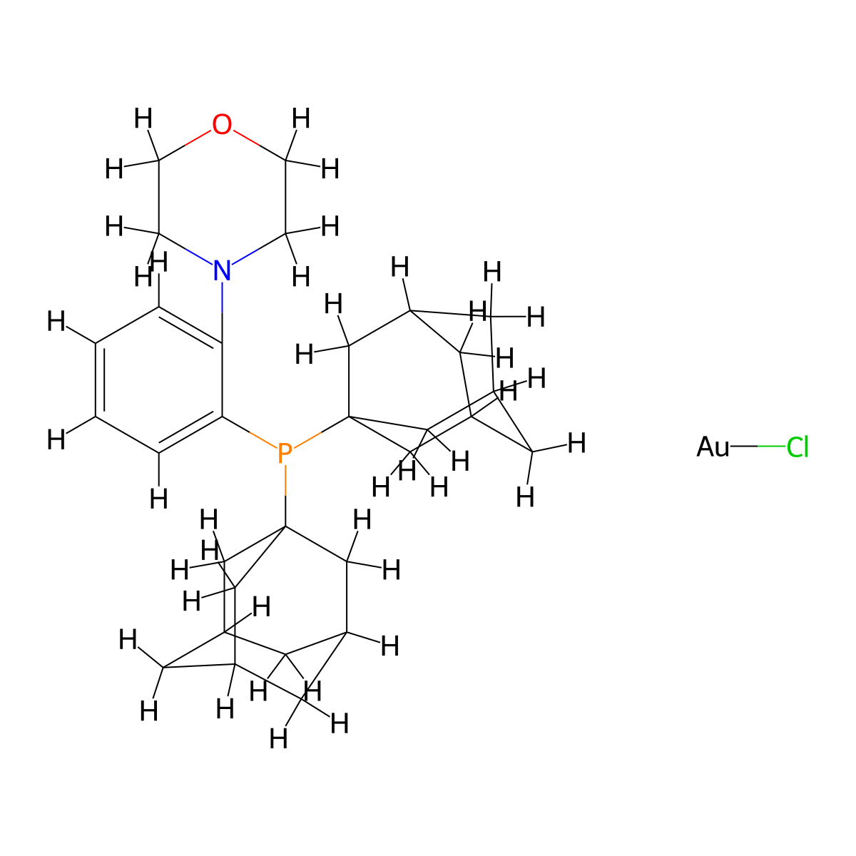 Chloro{4-[2-bis(tricyclo[3.3.1.13,7]dec-1-yl)phosphino]phenylmorpholine}gold(I) , MorDalPhos AuCl molecular structure, CAS 1259987-95-5
