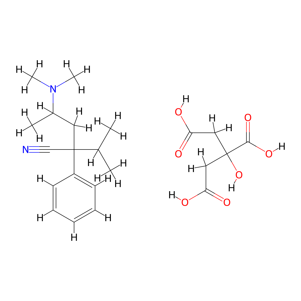 Benzeneacetonitrile, alpha-(2-(dimethylamino)propyl)-alpha-(1-methylethyl)-, 2-hydroxy-1,2,3-propanetricarboxylate (1:1) molecular structure, CAS 126-10-3