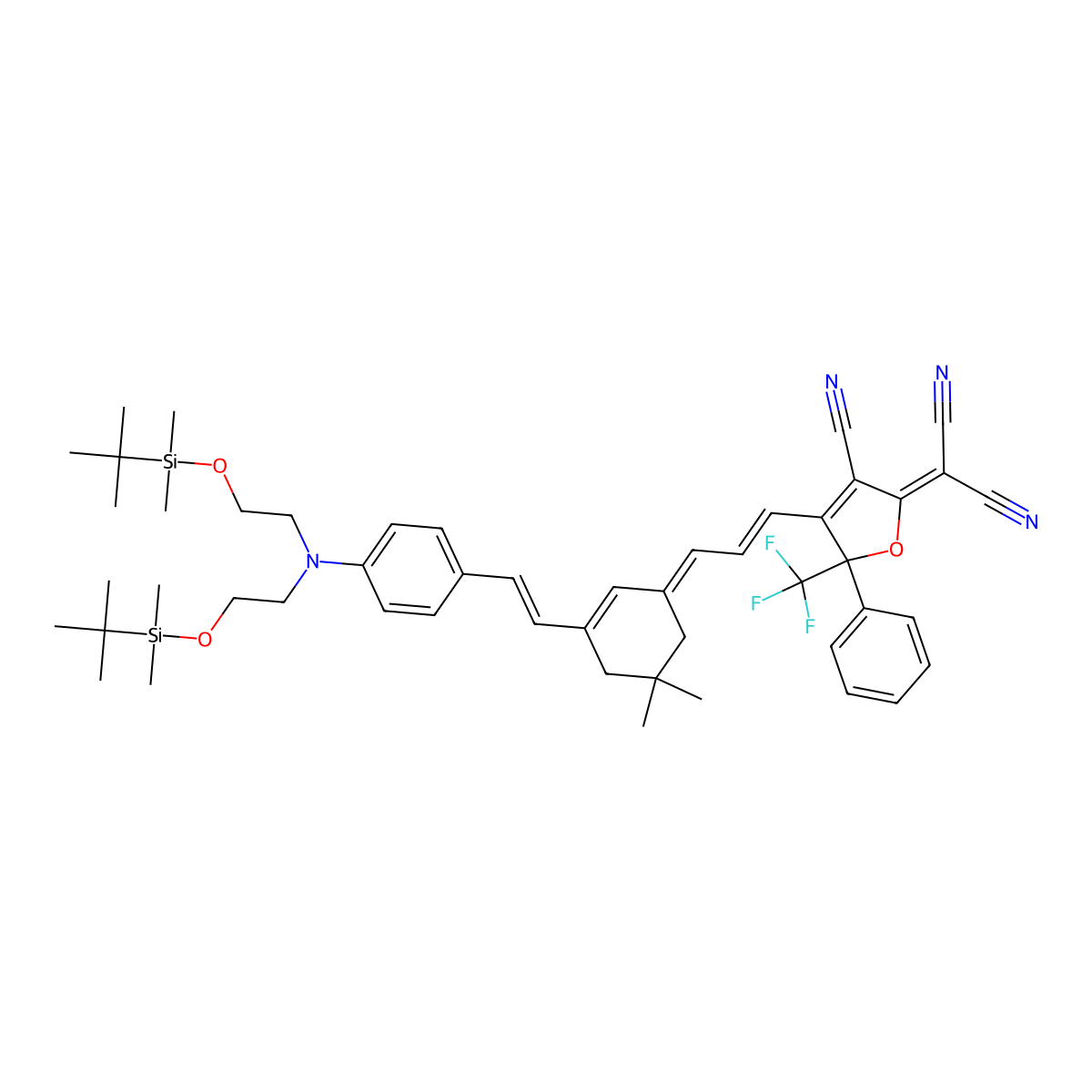 2-[4-[3-[3-[2-[4-[Bis[2-[tert-butyl(dimethyl)silyl]oxyethyl]amino]phenyl]ethenyl]-5,5-dimethylcyclohex-2-en-1-ylidene]prop-1-enyl]-3-cyano-5-phenyl-5-(trifluoromethyl)furan-2-ylidene]propanedinitrile molecular structure, CAS 1260100-70-6