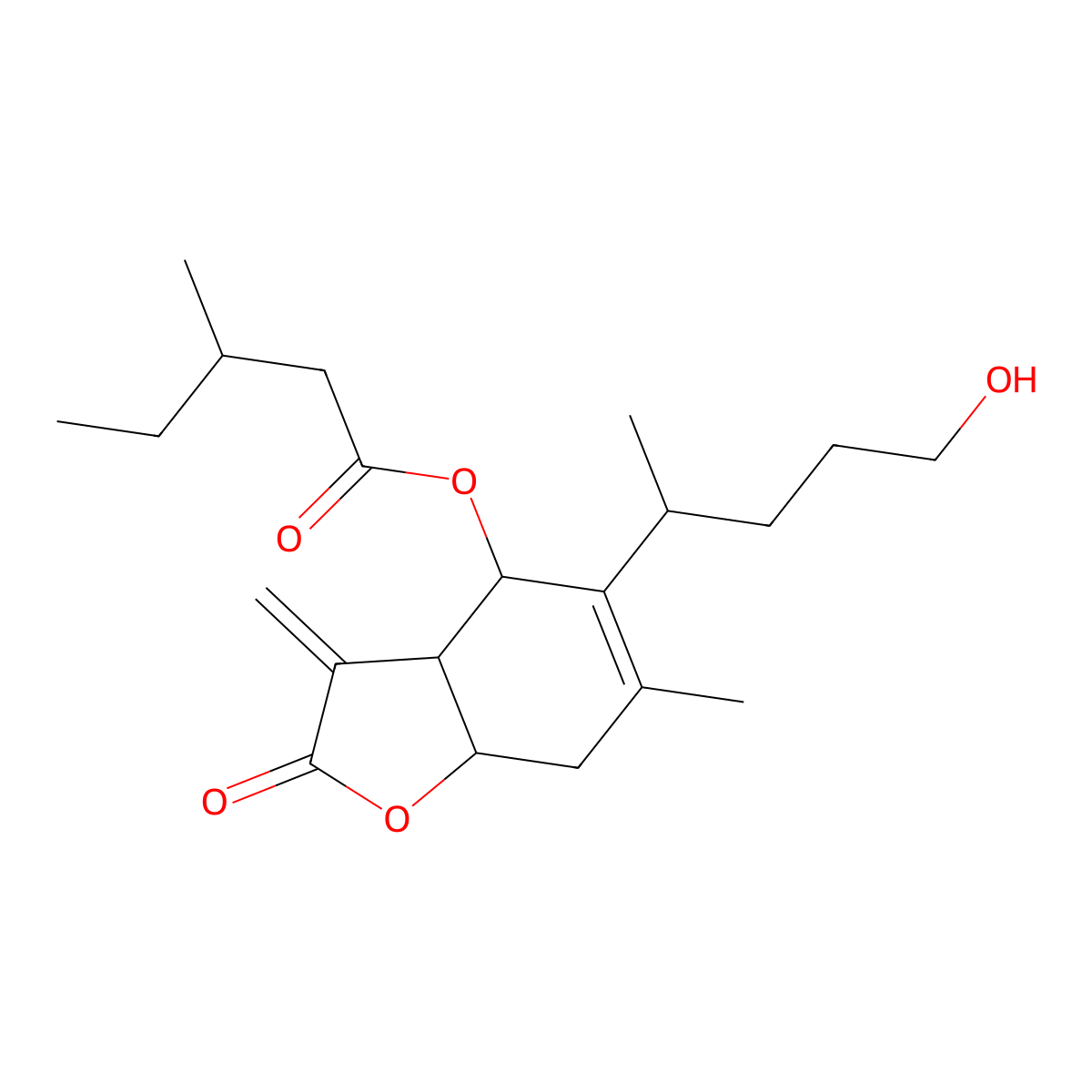 Pentanoic acid, 3-methyl-, (3aR,4S,7aR)-2,3,3a,4,7,7a-hexahydro-5-[(1S)-4-hydroxy-1-methylbutyl]-6-methyl-3-methylene-2-oxo-4-benzofuranyl ester molecular structure, CAS 1260151-66-3