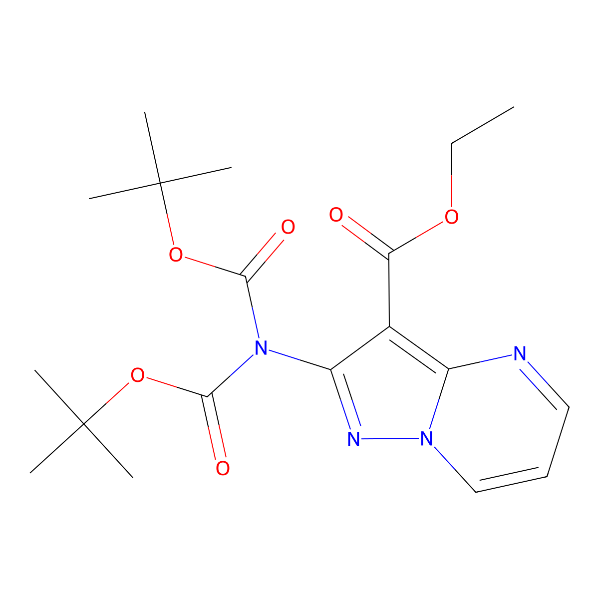 Ethyl 2-(bis(tert-butoxycarbonyl)amino)pyrazolo[1,5-a]pyrimidine-3-carboxylate molecular structure, CAS 1260169-03-6