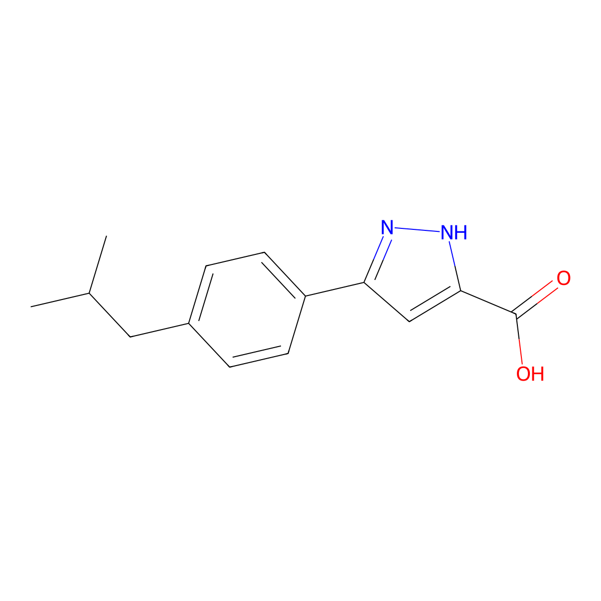 3-(4-isobutylphenyl)-1H-pyrazole-5-carboxylic acid molecular structure, CAS 1260228-57-6