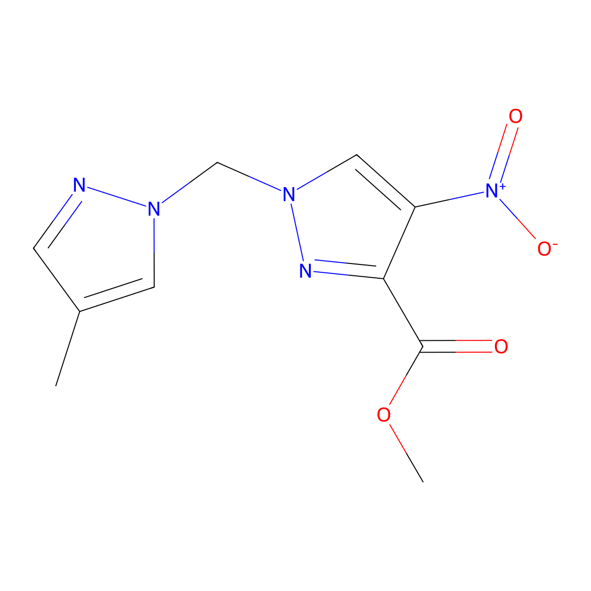 methyl 1-[(4-methyl-1H-pyrazol-1-yl)methyl]-4-nitro-1H-pyrazole-3-carboxylate molecular structure, CAS 1260379-30-3