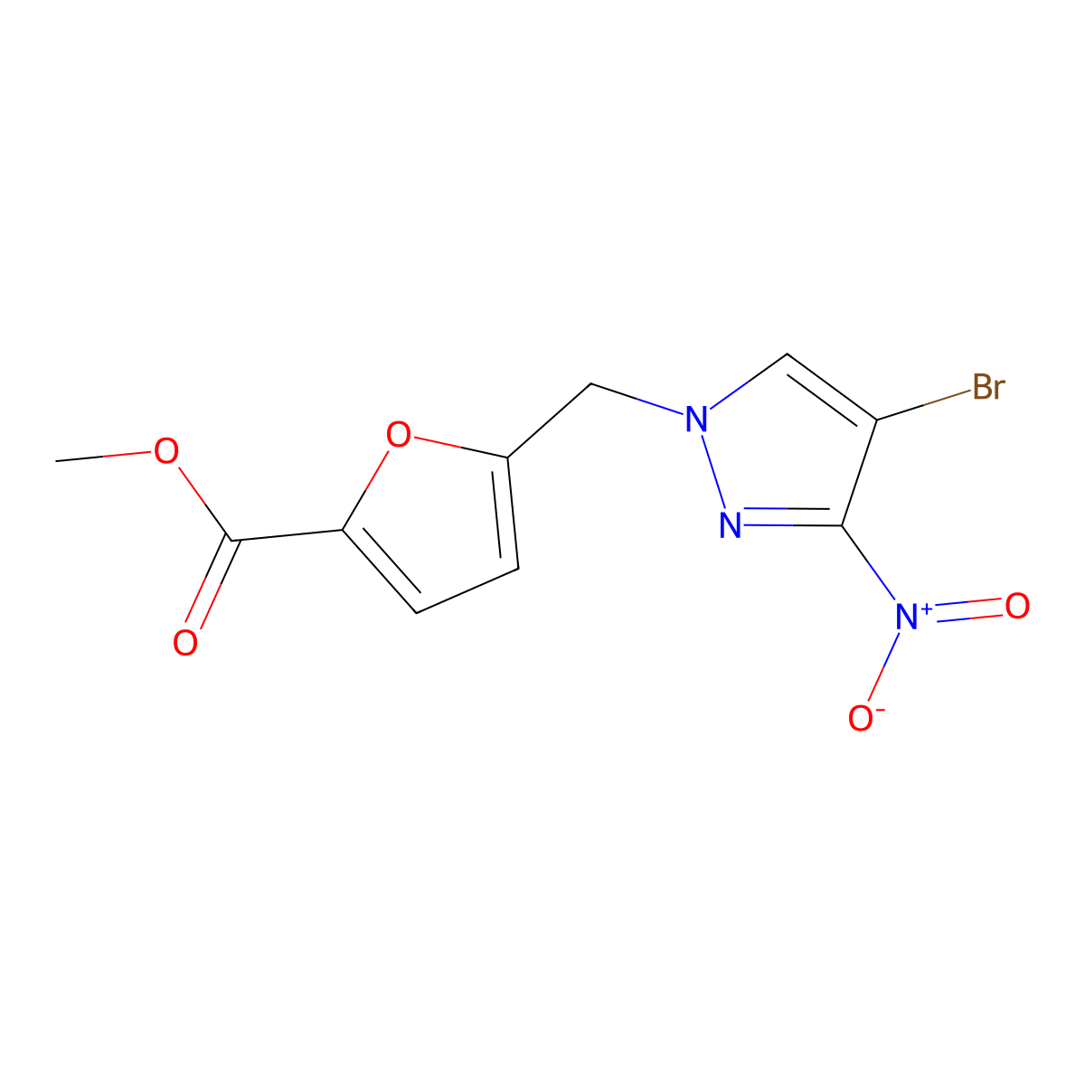 Methyl 5-((4-bromo-3-nitro-1H-pyrazol-1-yl)methyl)furan-2-carboxylate molecular structure, CAS 1260379-32-5