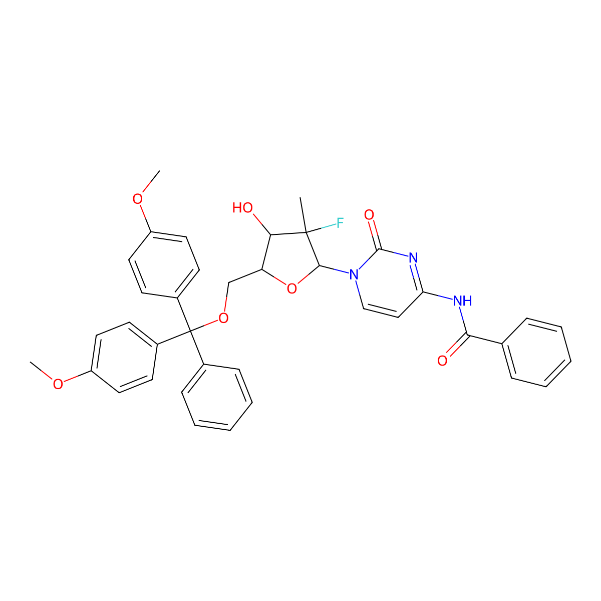 N-(1-((2R,3R,4R,5R)-5-((bis(4-methoxyphenyl)(phenyl)methoxy)methyl)-3-fluoro-4-hydroxy-3-methyltetrahydrofuran-2-yl)-2-oxo-1,2-dihydropyrimidin-4-yl)benzamide molecular structure, CAS 1260508-97-1