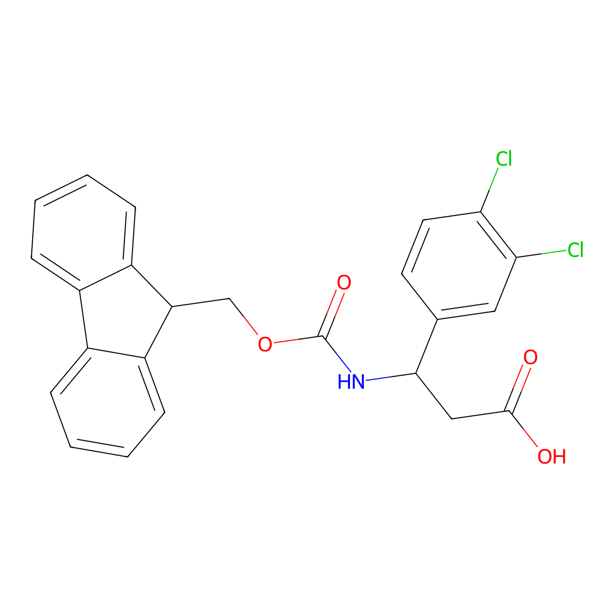 (R)-3-((((9H-Fluoren-9-yl)methoxy)carbonyl)amino)-3-(3,4-dichlorophenyl)propanoic acid molecular structure, CAS 1260593-14-3
