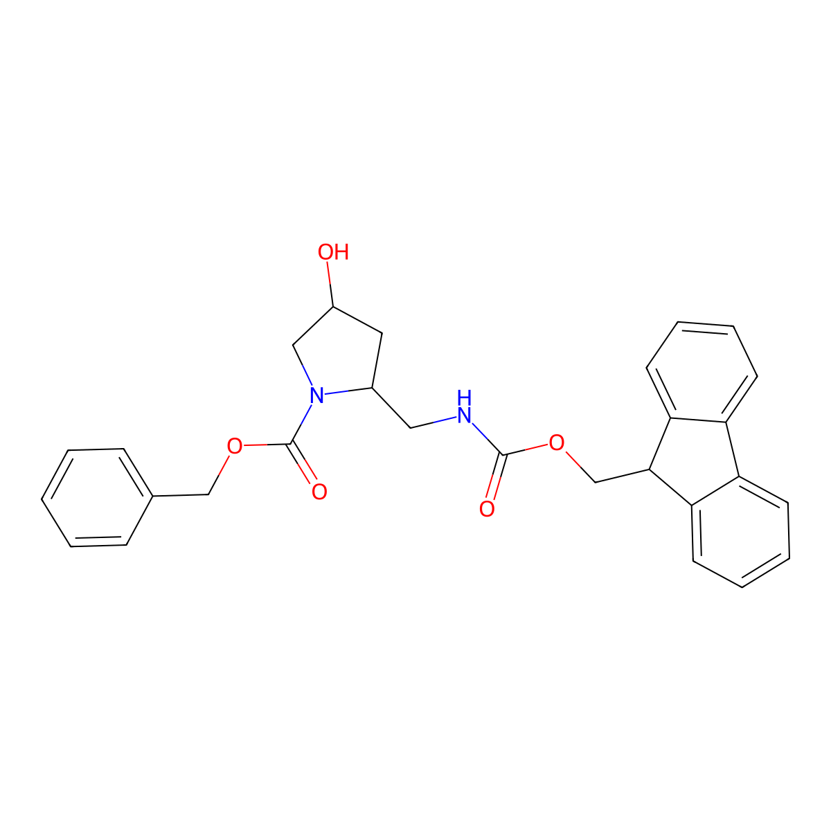 (2S,4S)-benzyl 2-((((9H-fluoren-9-yl)methoxy)carbonylamino)methyl)-4-hydroxypyrrolidine-1-carboxylate molecular structure, CAS 1260609-45-7