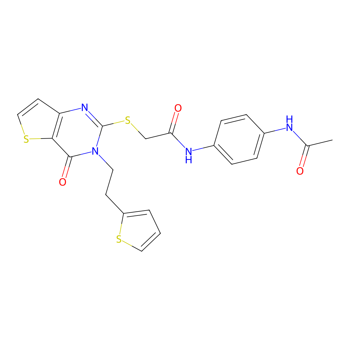 N-[4-(acetylamino)phenyl]-2-({4-oxo-3-[2-(thiophen-2-yl)ethyl]-3,4-dihydrothieno[3,2-d]pyrimidin-2-yl}sulfanyl)acetamide molecular structure, CAS 1260622-06-7