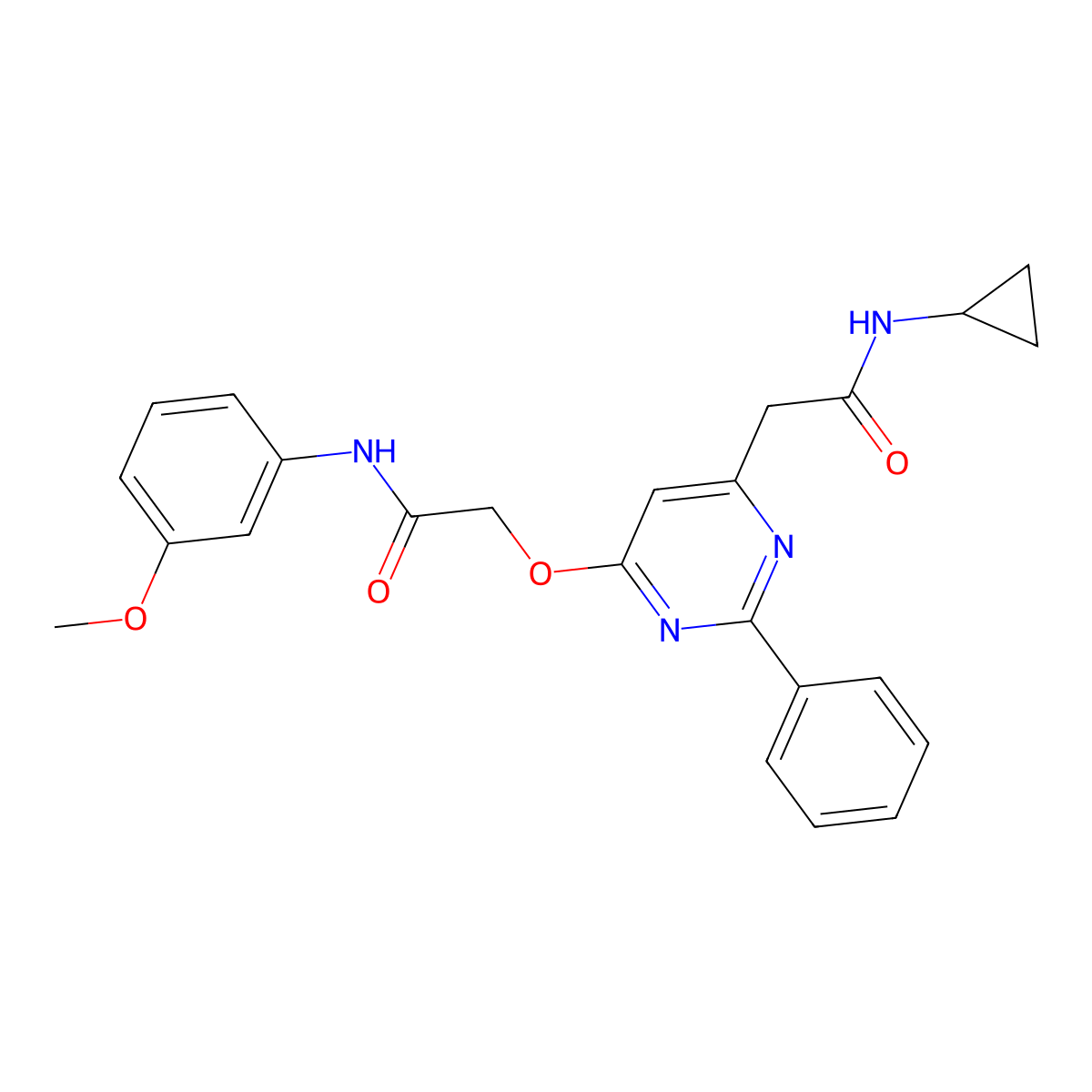 N-cyclopropyl-2-(6-(2-((3-methoxyphenyl)amino)-2-oxoethoxy)-2-phenylpyrimidin-4-yl)acetamide molecular structure, CAS 1260622-42-1