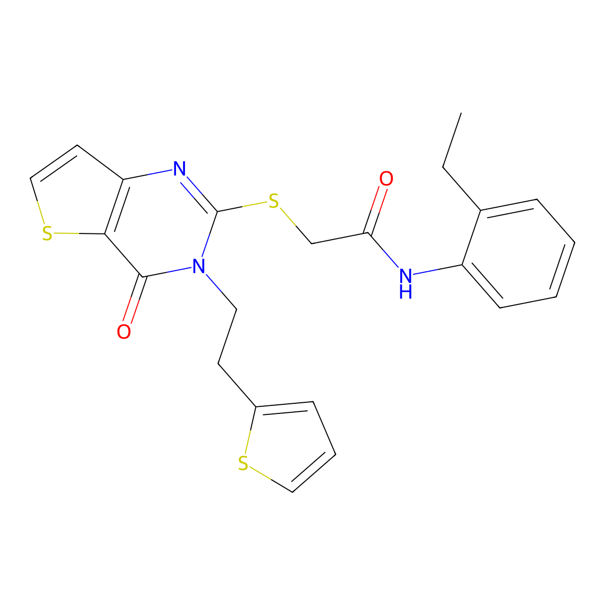 N-(2-ethylphenyl)-2-({4-oxo-3-[2-(thiophen-2-yl)ethyl]-3H,4H-thieno[3,2-d]pyrimidin-2-yl}sulfanyl)acetamide molecular structure, CAS 1260623-14-0