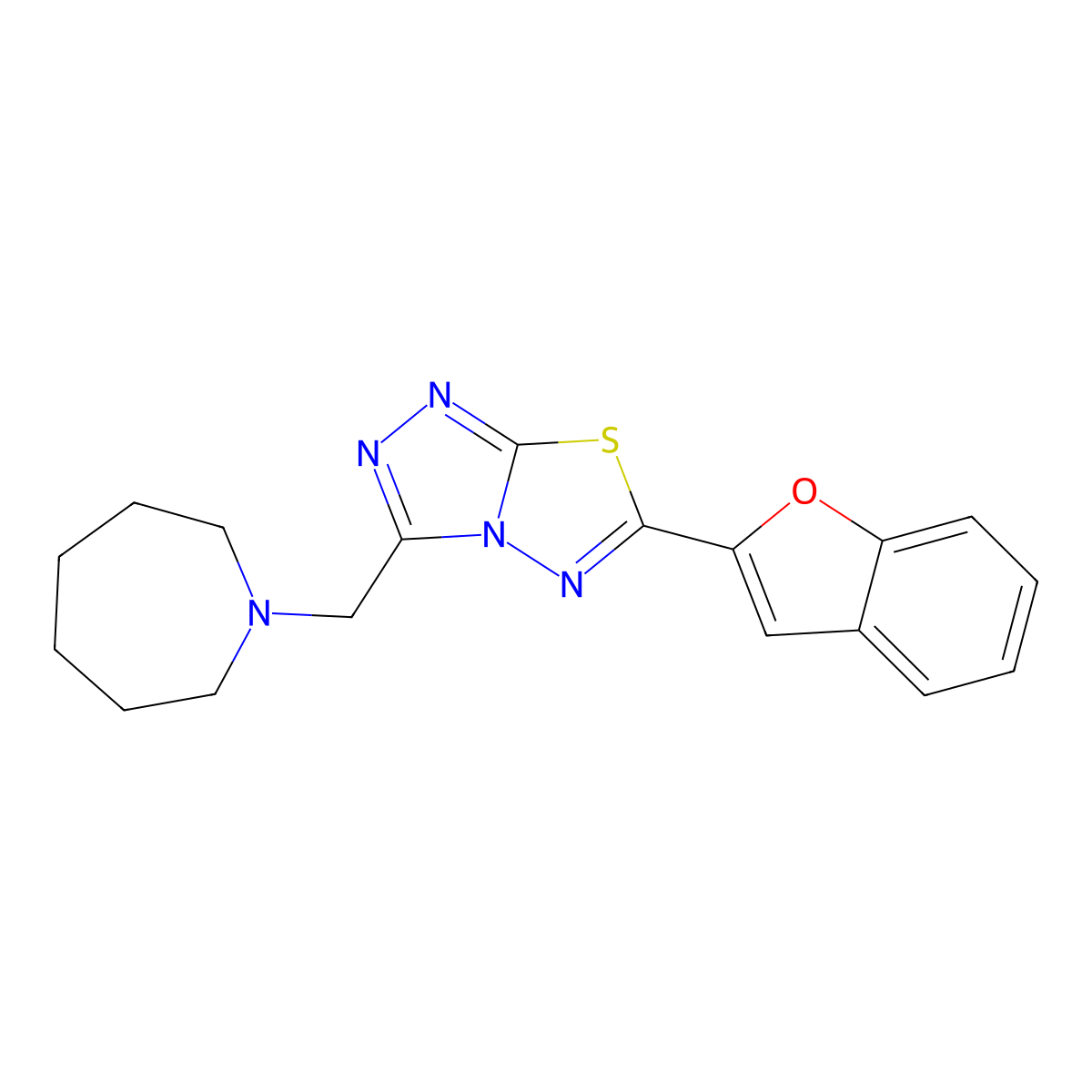 3-(1-Azepanylmethyl)-6-(1-benzofuran-2-yl)[1,2,4]triazolo[3,4-b][1,3,4]thiadiazole molecular structure, CAS 1260628-34-9