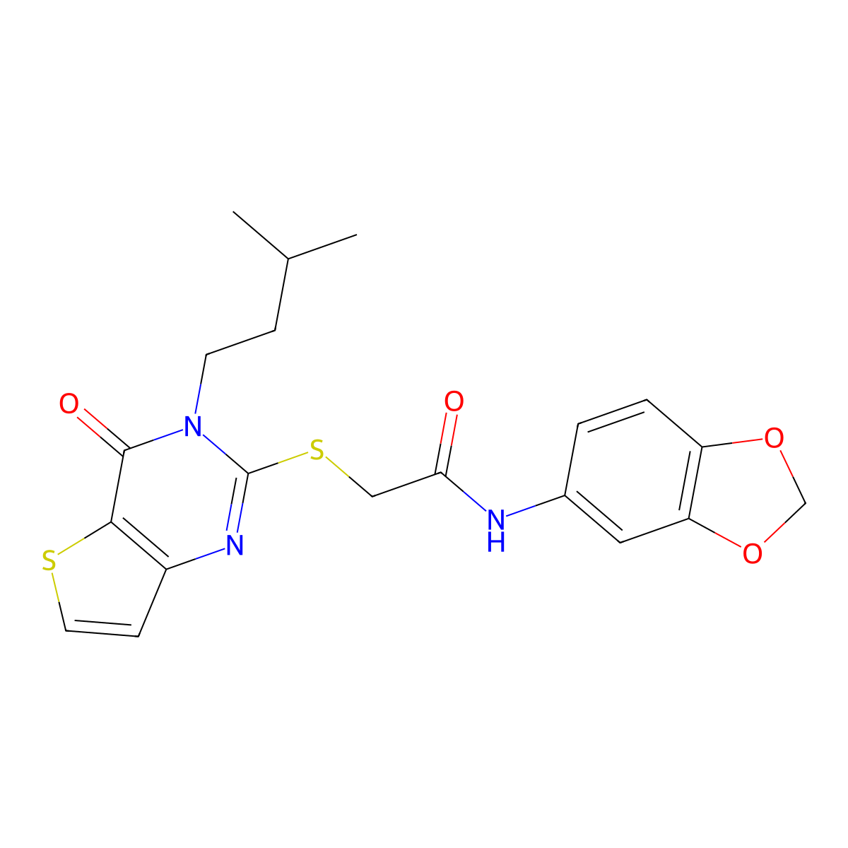 N-(2H-1,3-benzodioxol-5-yl)-2-{[3-(3-methylbutyl)-4-oxo-3H,4H-thieno[3,2-d]pyrimidin-2-yl]sulfanyl}acetamide molecular structure, CAS 1260630-25-8