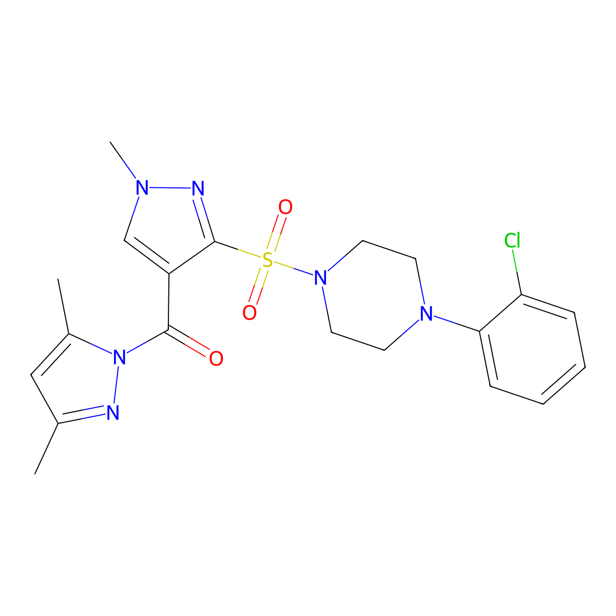 (3-{[4-(2-chlorophenyl)piperazin-1-yl]sulfonyl}-1-methyl-1H-pyrazol-4-yl)(3,5-dimethyl-1H-pyrazol-1-yl)methanone molecular structure, CAS 1260631-70-6