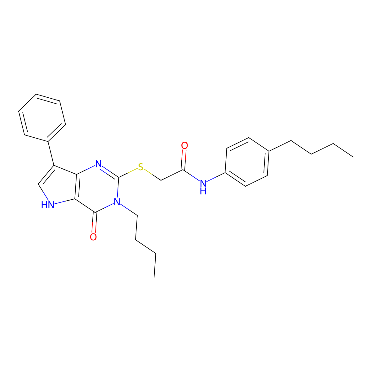 2-[(3-butyl-4-oxo-7-phenyl-4,5-dihydro-3H-pyrrolo[3,2-d]pyrimidin-2-yl)sulfanyl]-N-(4-butylphenyl)acetamide molecular structure, CAS 1260631-71-7