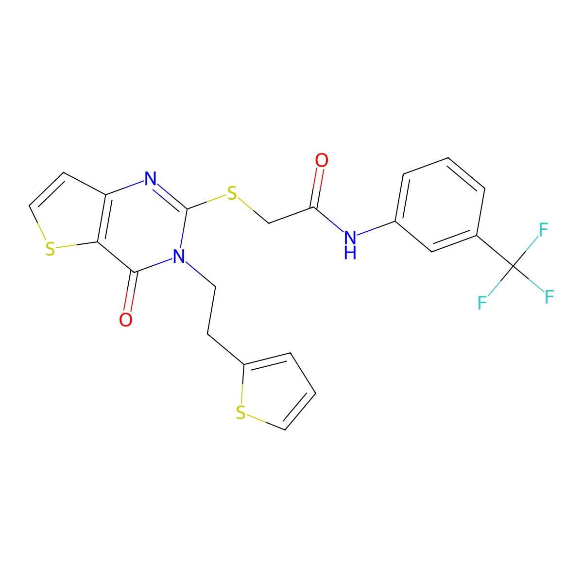 2-({4-oxo-3-[2-(thiophen-2-yl)ethyl]-3,4-dihydrothieno[3,2-d]pyrimidin-2-yl}sulfanyl)-N-[3-(trifluoromethyl)phenyl]acetamide molecular structure, CAS 1260632-05-0