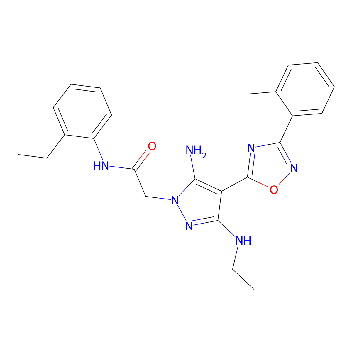 2-[5-Amino-3-(ethylamino)-4-[3-(2-methylphenyl)-1,2,4-oxadiazol-5-yl]pyrazol-1-yl]-N-(2-ethylphenyl)acetamide molecular structure, CAS 1260700-91-1