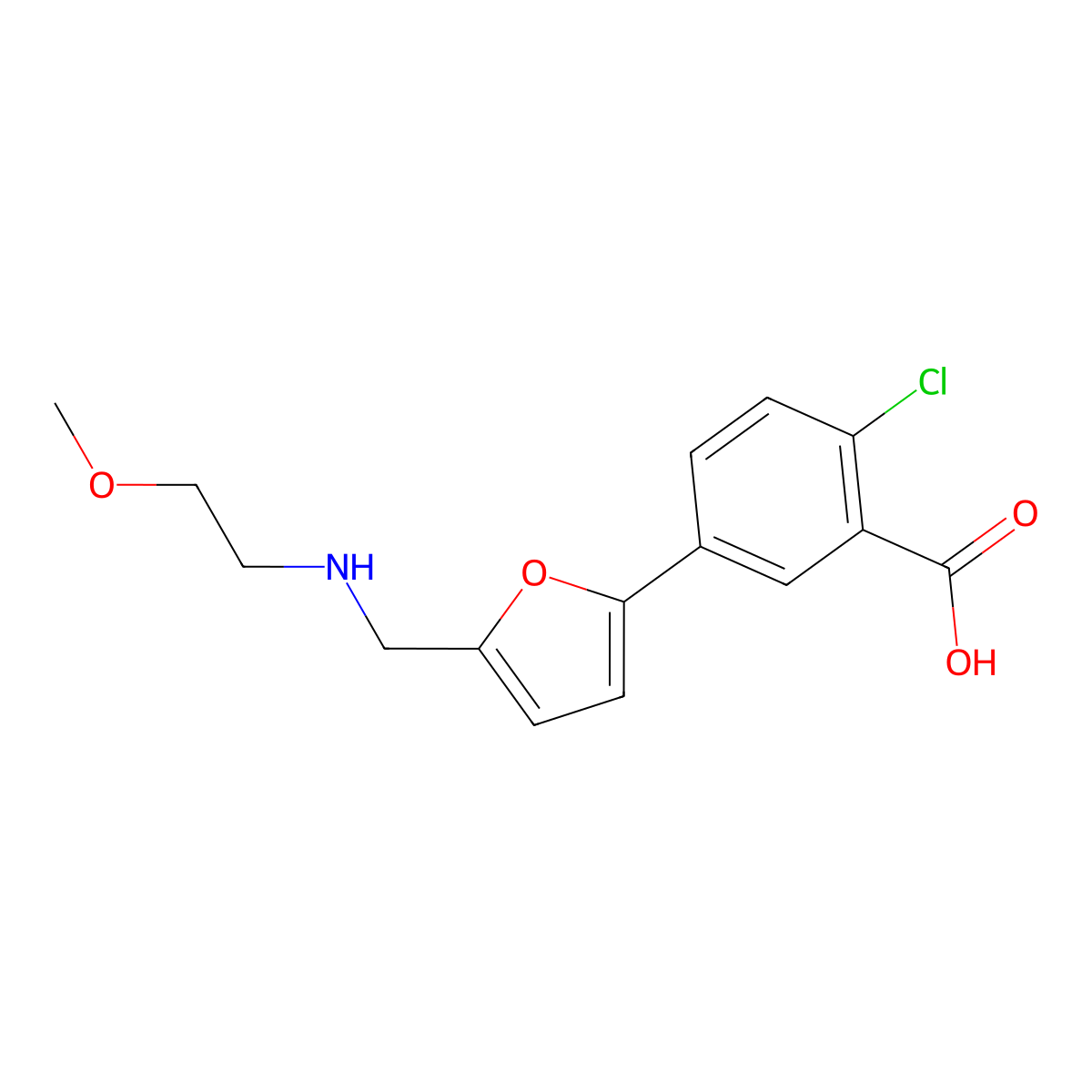 2-Chloro-5-(5-{[(2-methoxyethyl)amino]methyl}furan-2-yl)benzoic acid molecular structure, CAS 1260705-55-2
