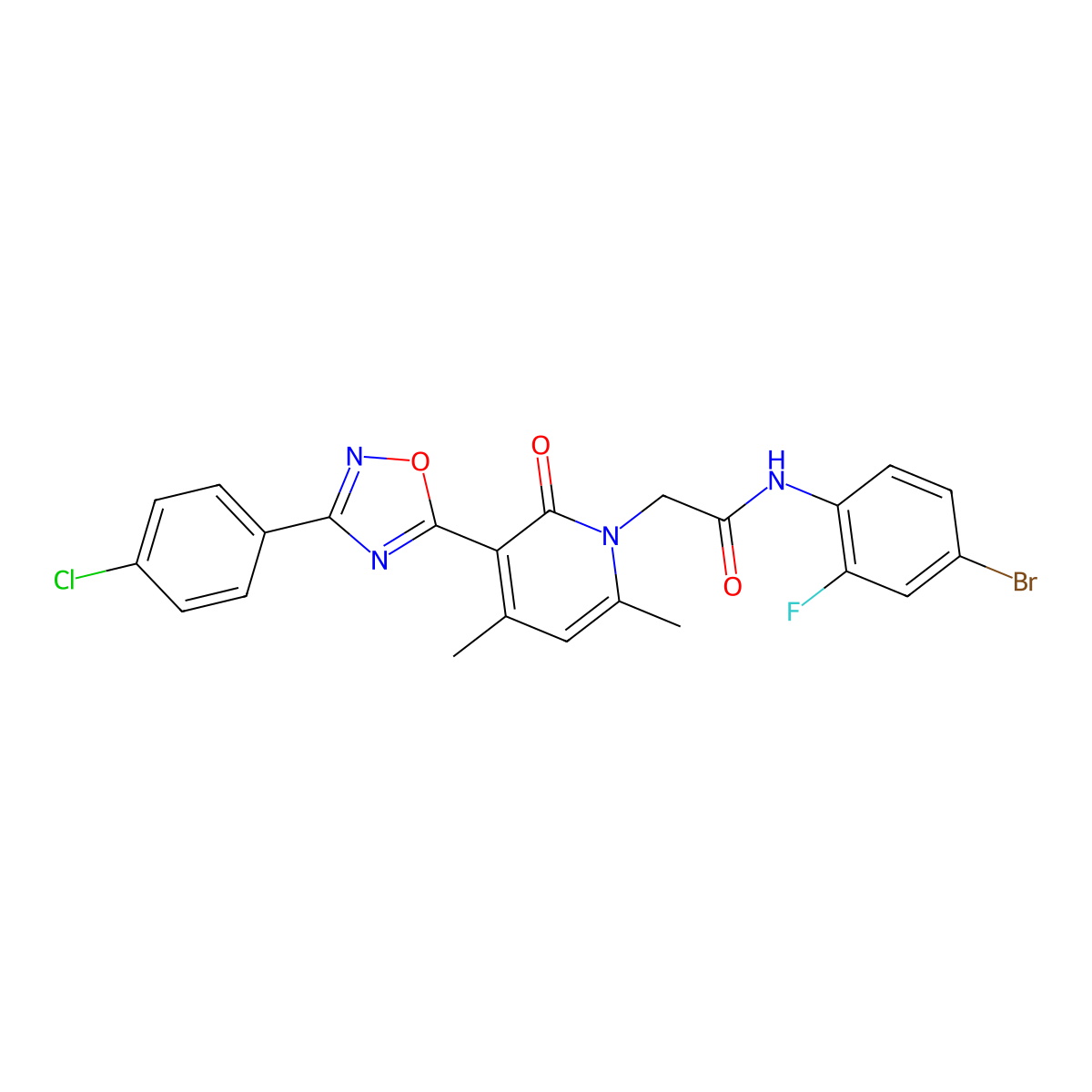 N-(4-bromo-2-fluorophenyl)-2-(3-(3-(4-chlorophenyl)-1,2,4-oxadiazol-5-yl)-4,6-dimethyl-2-oxopyridin-1(2H)-yl)acetamide molecular structure, CAS 1260708-34-6