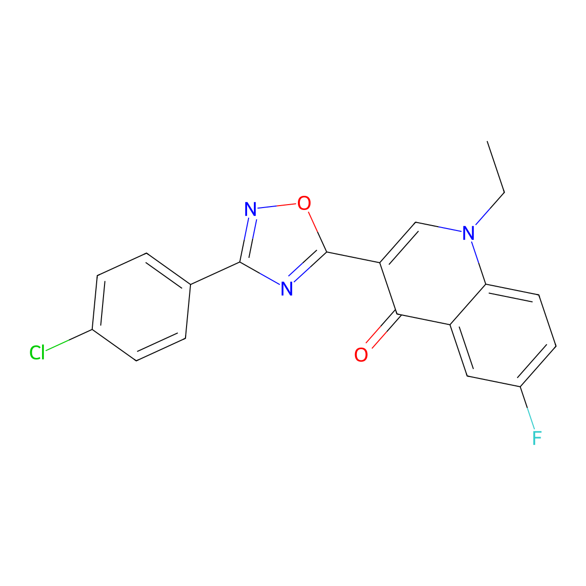 3-(3-(4-chlorophenyl)-1,2,4-oxadiazol-5-yl)-1-ethyl-6-fluoroquinolin-4(1H)-one molecular structure, CAS 1260713-36-7