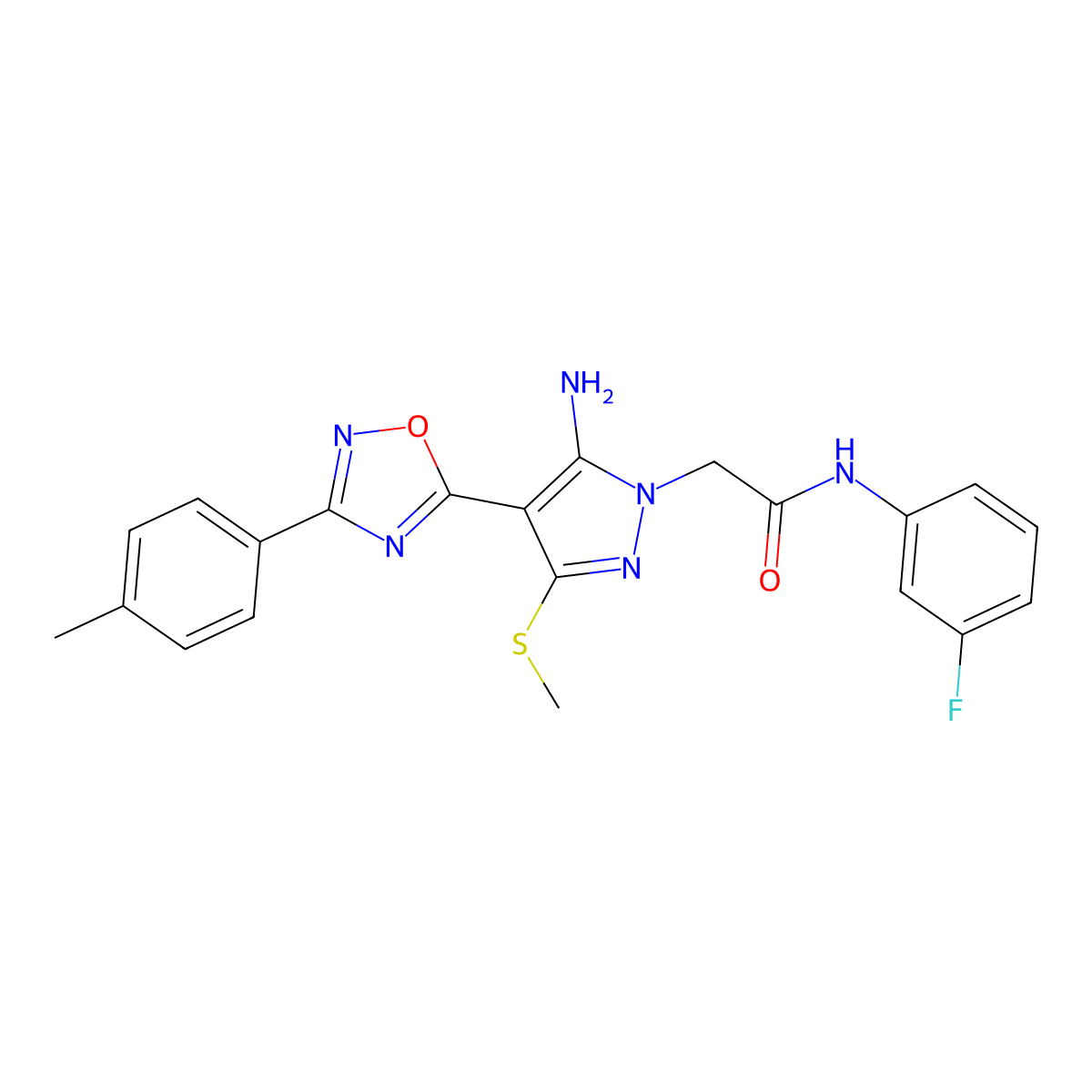 2-{5-amino-4-[3-(4-methylphenyl)-1,2,4-oxadiazol-5-yl]-3-(methylsulfanyl)-1H-pyrazol-1-yl}-N-(3-fluorophenyl)acetamide molecular structure, CAS 1260728-77-5