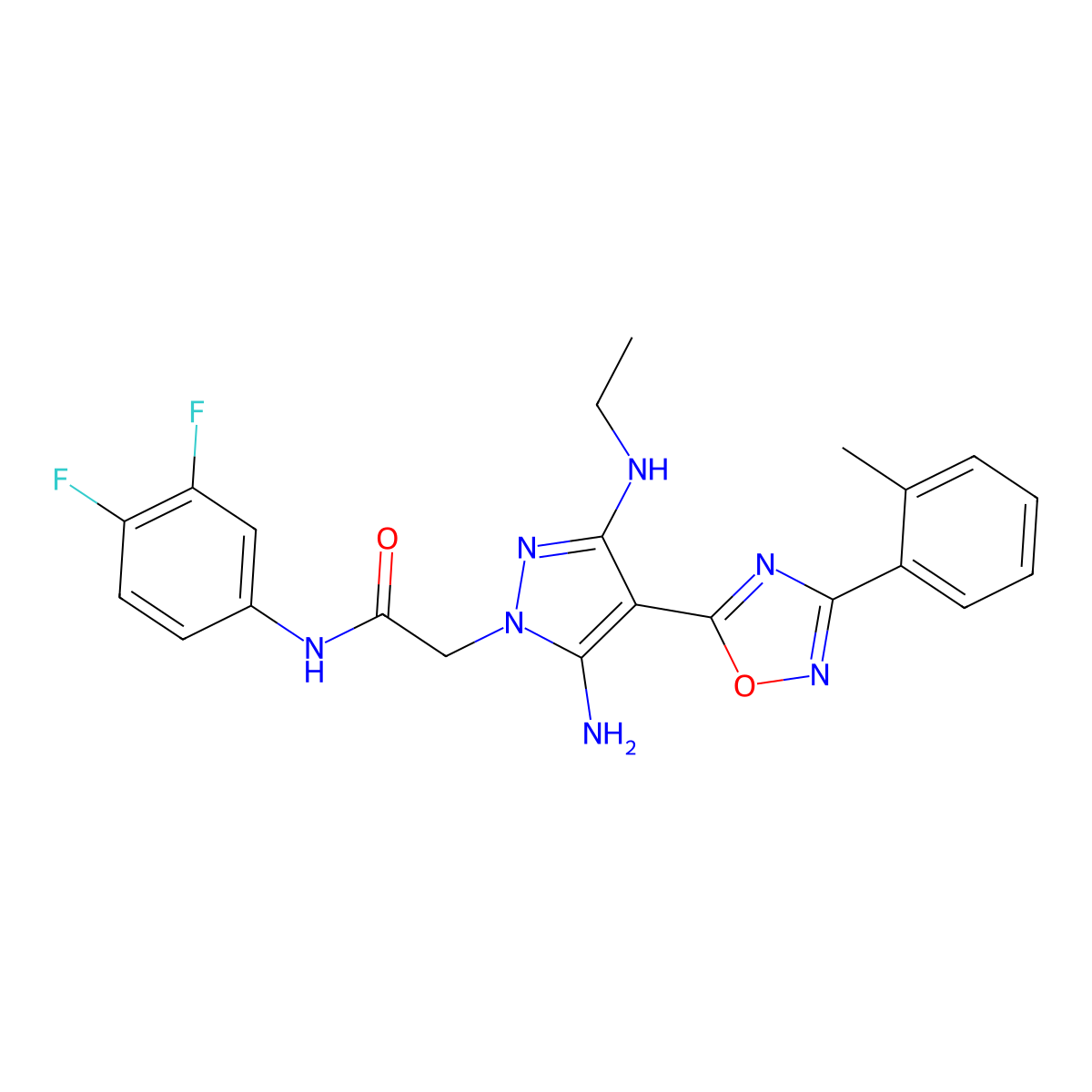 2-[5-amino-3-(ethylamino)-4-[3-(2-methylphenyl)-1,2,4-oxadiazol-5-yl]-1H-pyrazol-1-yl]-N-(3,4-difluorophenyl)acetamide molecular structure, CAS 1260733-02-5