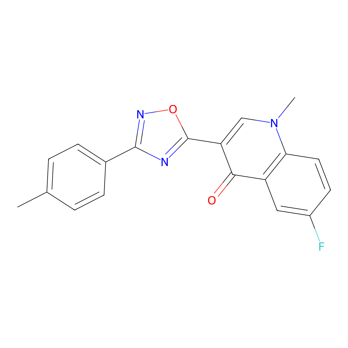 6-fluoro-1-methyl-3-(3-(p-tolyl)-1,2,4-oxadiazol-5-yl)quinolin-4(1H)-one molecular structure, CAS 1260744-06-6