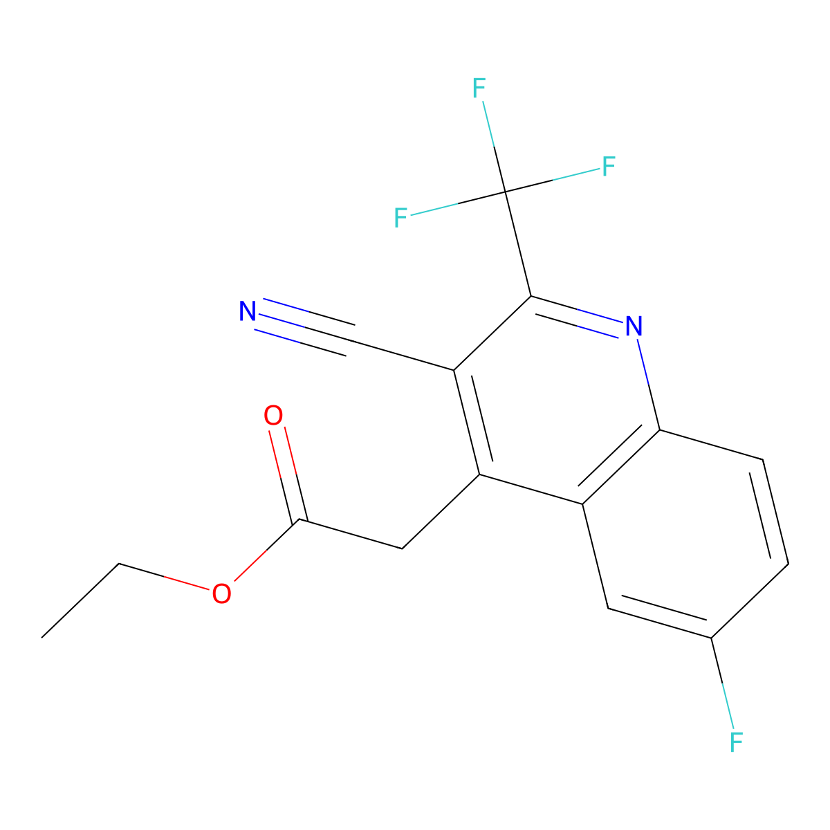 Ethyl 2-(3-cyano-6-fluoro-2-(trifluoromethyl)quinolin-4-yl)acetate molecular structure, CAS 1260811-87-7