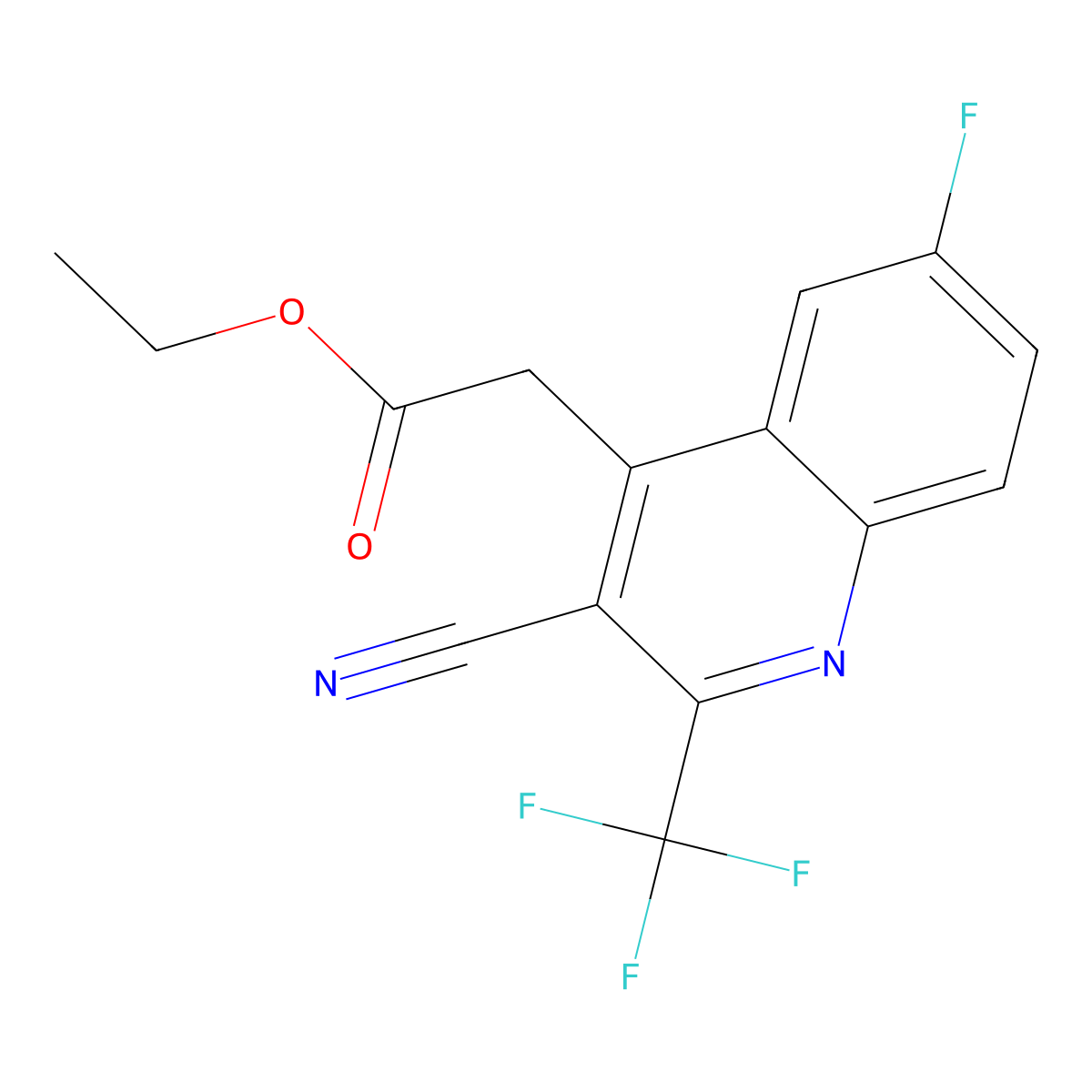 Ethyl 2-(3-cyano-6-fluoro-2-(trifluoromethyl)quinolin-4-yl)acetate molecular structure, CAS 1260811-87-7