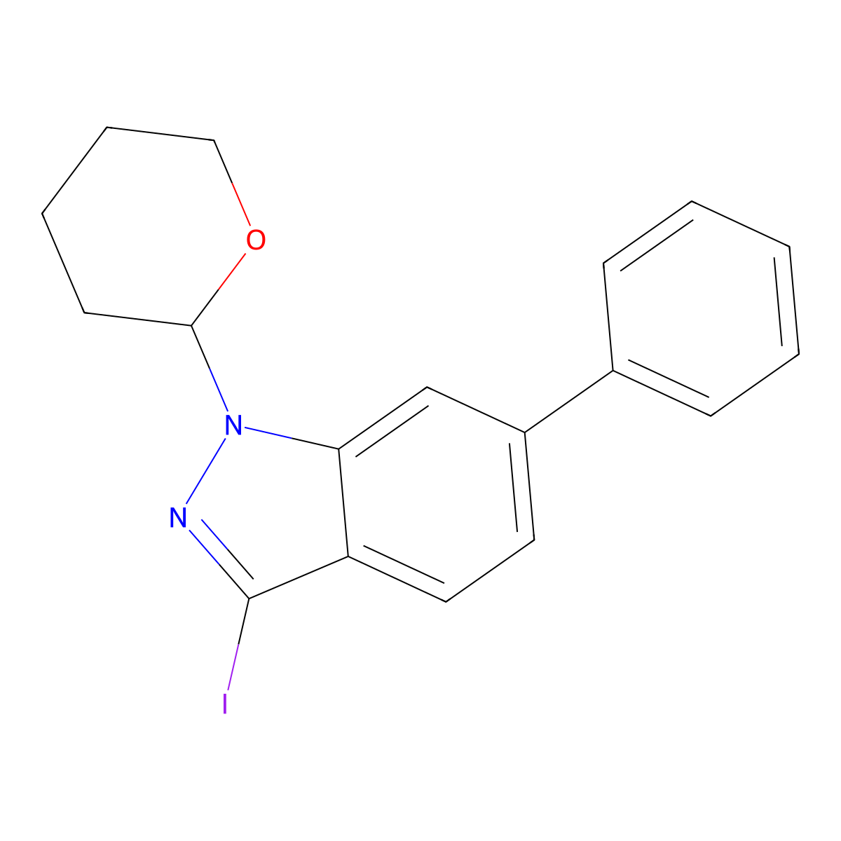 3-Iodo-6-phenyl-1-(tetrahydro-2H-pyran-2-yl)-1H-indazole molecular structure, CAS 1260842-73-6