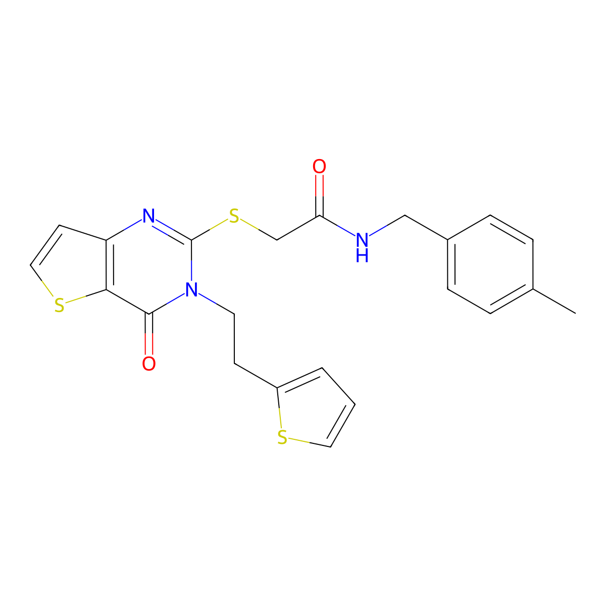 N-(4-methylbenzyl)-2-({4-oxo-3-[2-(thiophen-2-yl)ethyl]-3,4-dihydrothieno[3,2-d]pyrimidin-2-yl}sulfanyl)acetamide molecular structure, CAS 1260903-64-7
