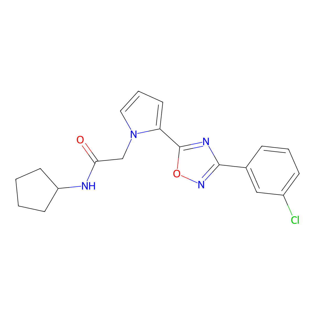 2-{2-[3-(3-chlorophenyl)-1,2,4-oxadiazol-5-yl]-1H-pyrrol-1-yl}-N-cyclopentylacetamide molecular structure, CAS 1260904-90-2