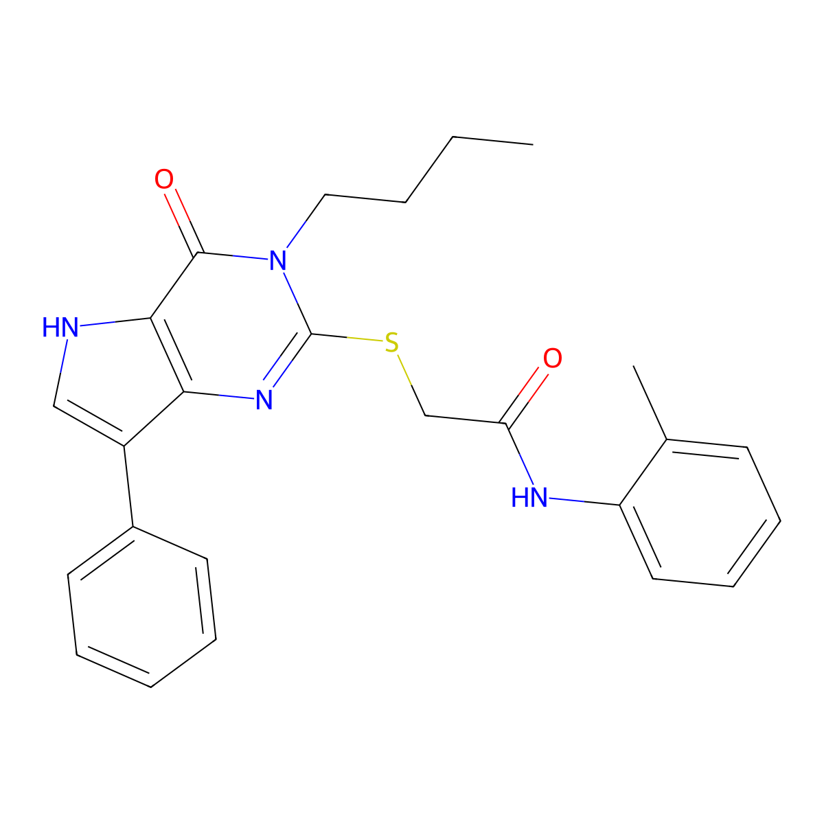 2-[(3-butyl-4-oxo-7-phenyl-4,5-dihydro-3H-pyrrolo[3,2-d]pyrimidin-2-yl)sulfanyl]-N-(2-methylphenyl)acetamide molecular structure, CAS 1260905-64-3