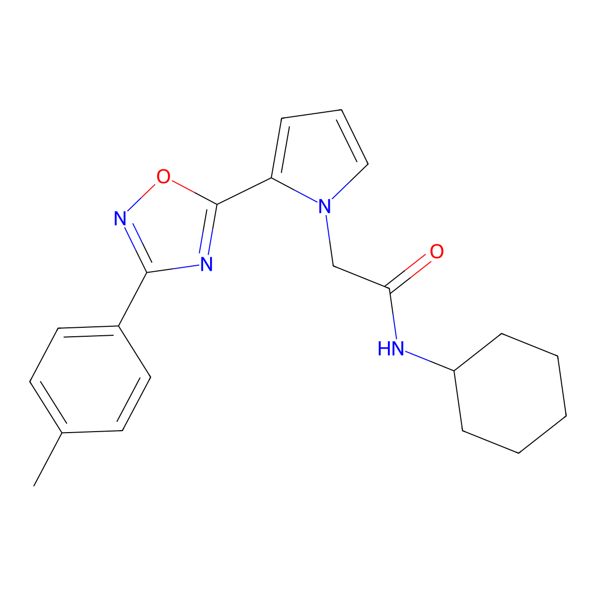 N-cyclohexyl-2-{2-[3-(4-methylphenyl)-1,2,4-oxadiazol-5-yl]-1H-pyrrol-1-yl}acetamide molecular structure, CAS 1260905-71-2