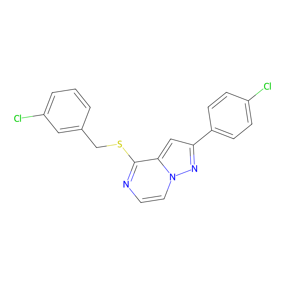 4-[(3-Chlorobenzyl)thio]-2-(4-chlorophenyl)pyrazolo[1,5-a]pyrazine molecular structure, CAS 1260905-94-9